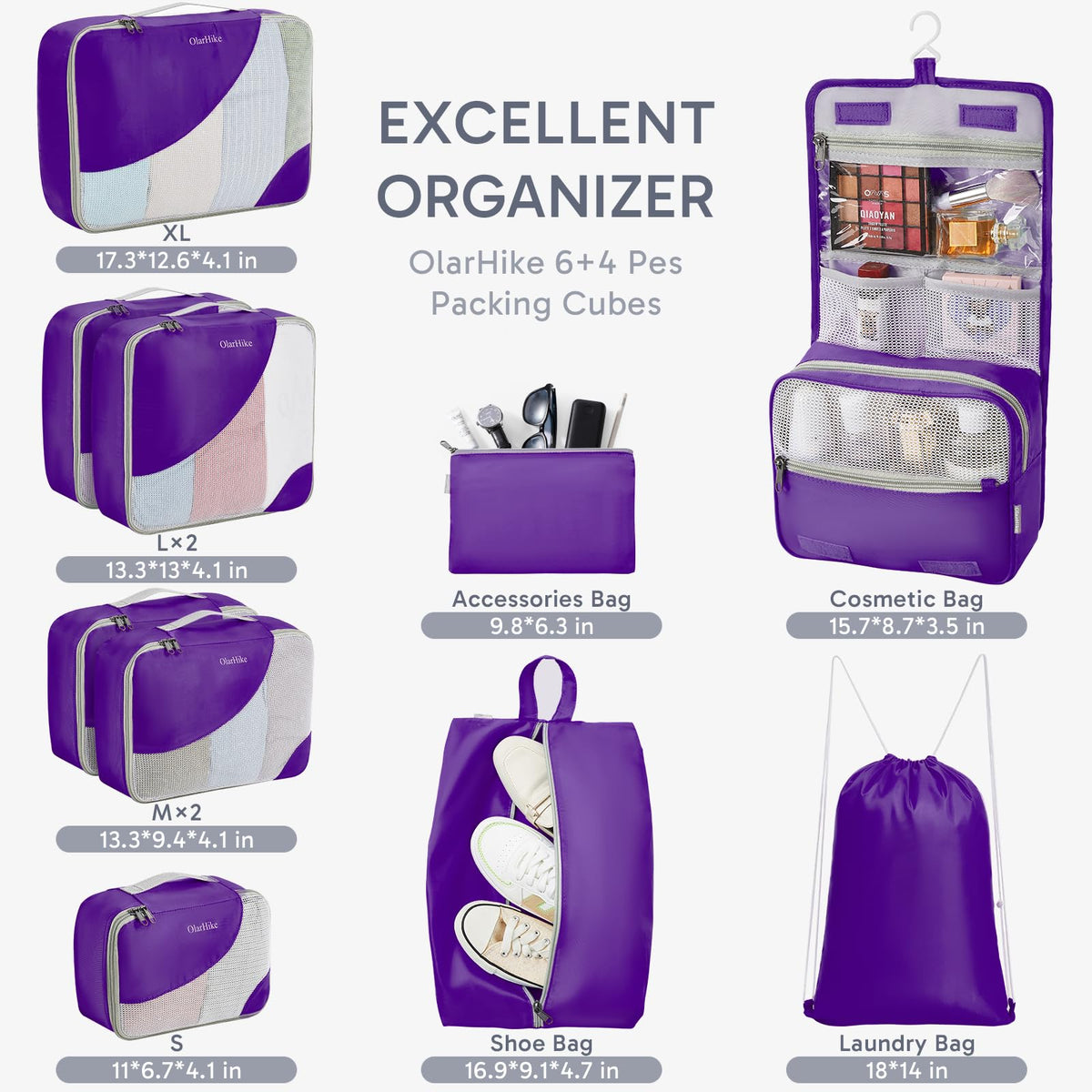 OlarHike 10 Piece Set Travel Packing Cubes | Purple - aborderproducts