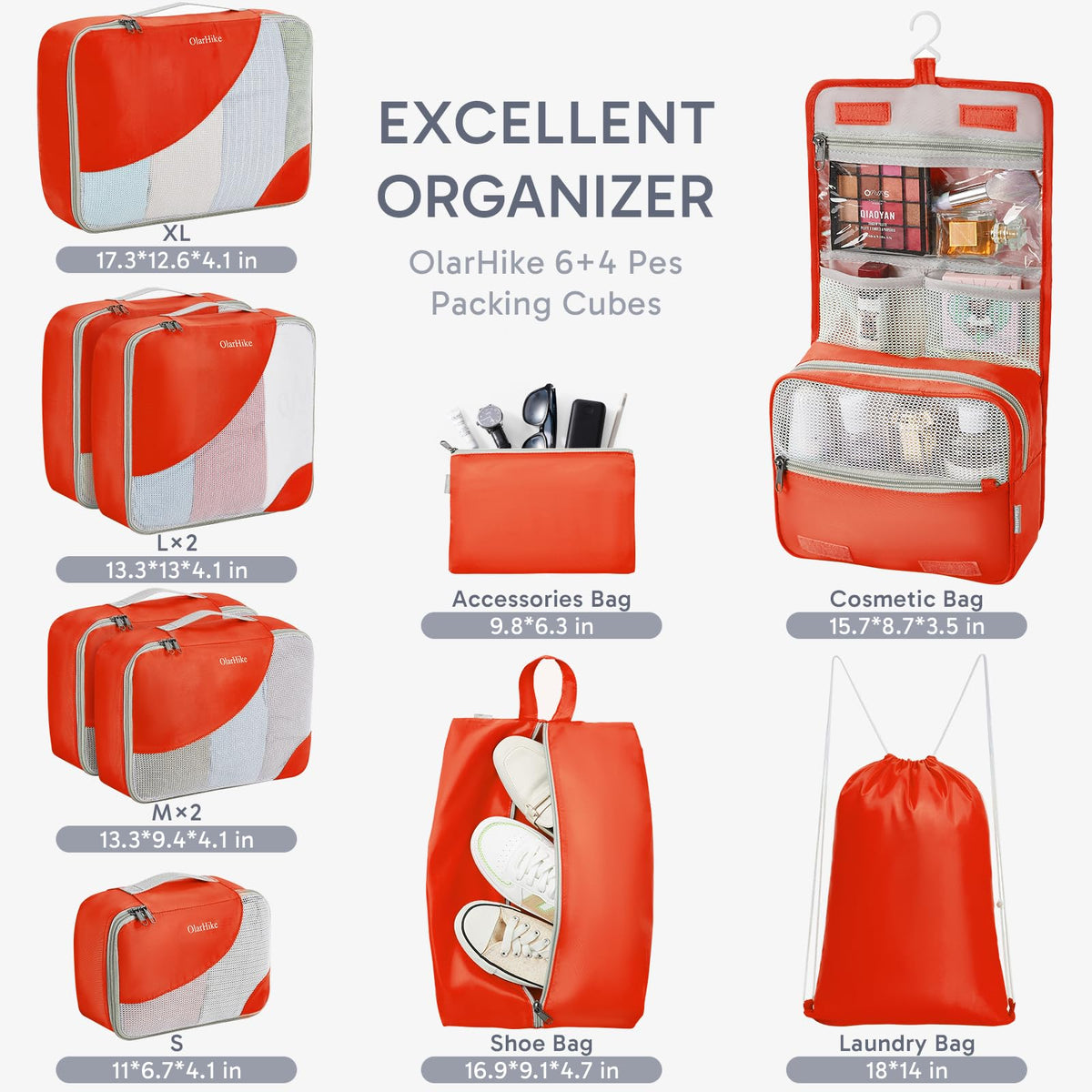 OlarHike 10 Piece Set Travel Packing Cubes | Orange - aborderproducts