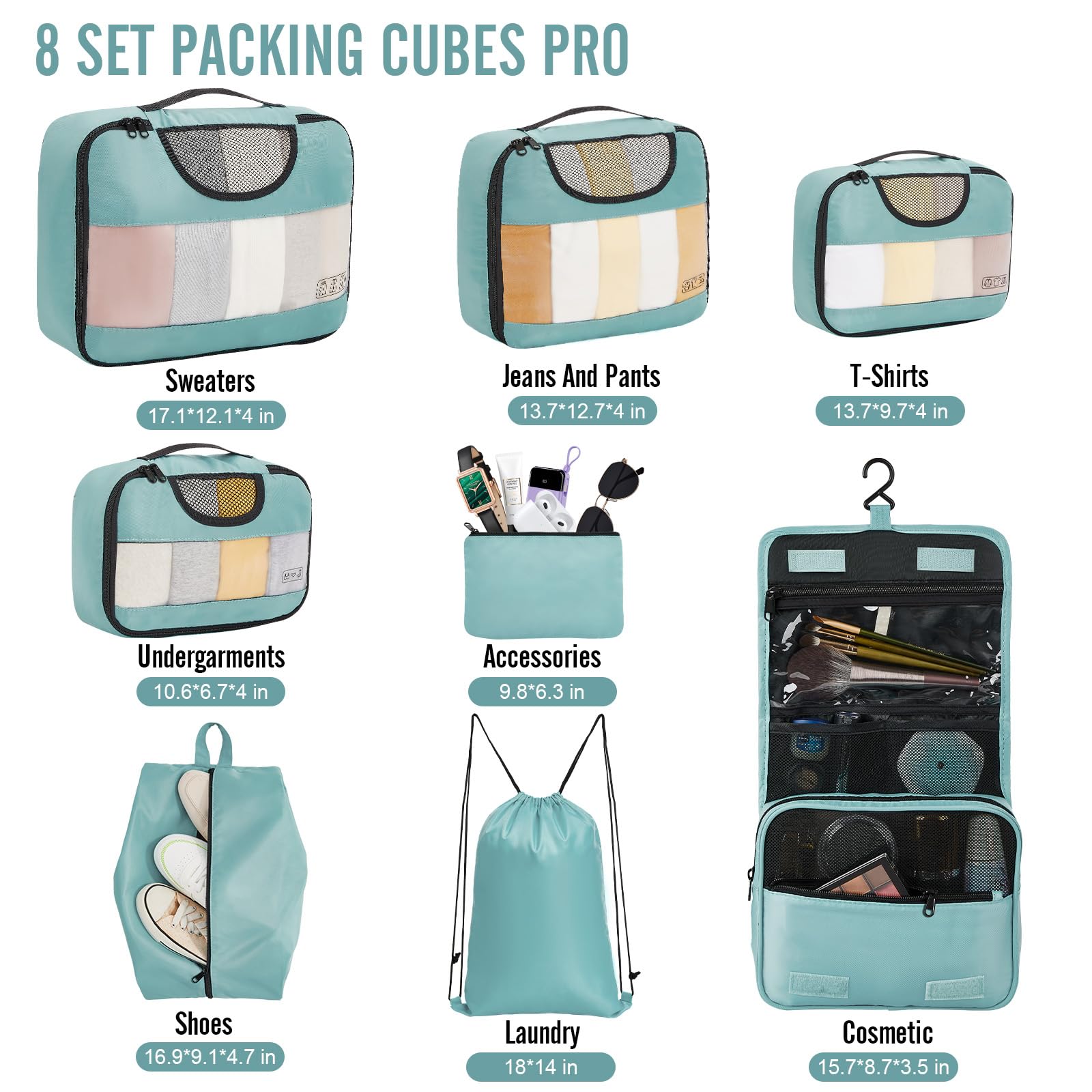 Veken 8 Piece Set Travel Packing Cubes | Dusty Blue - aborderproducts