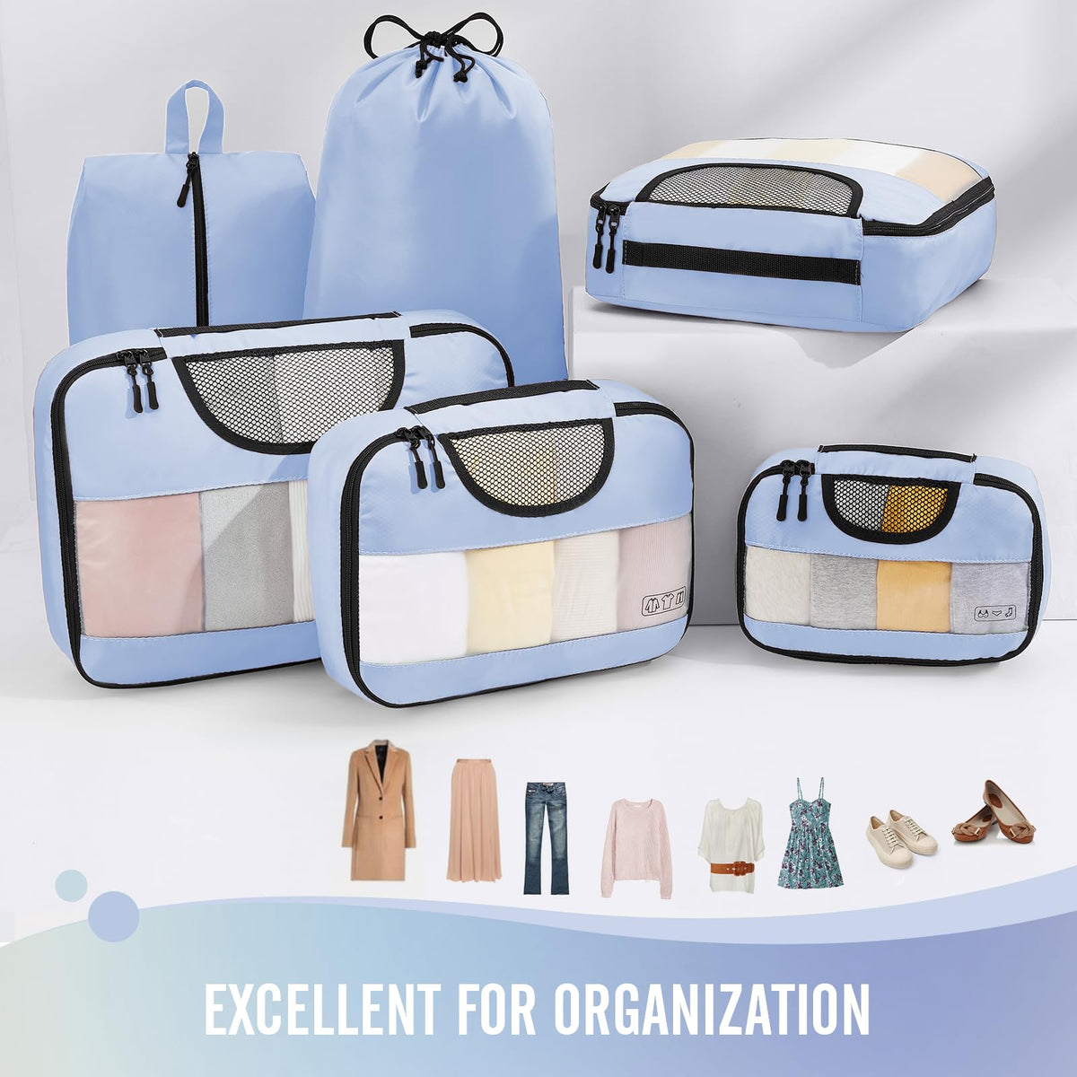 Veken 6 Piece Set Travel Packing Cubes | Light Blue - aborderproducts