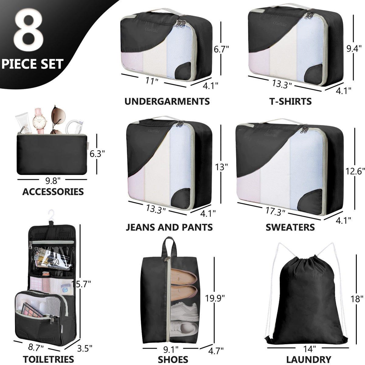 OlarHike 8 Piece Set Travel Packing Cubes | Black - aborderproducts