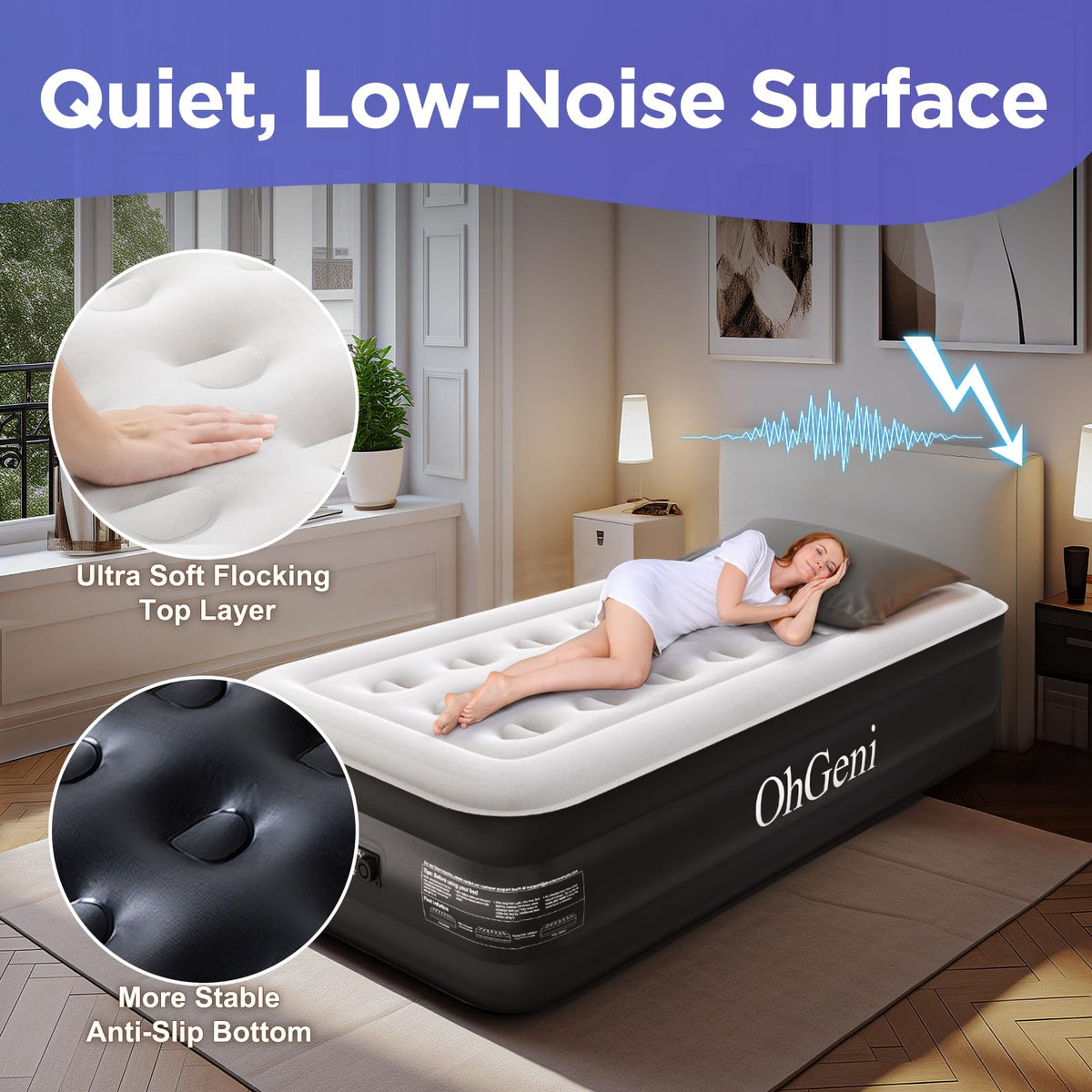 OhGeni Twin Air Mattress with Built in Pump for Guest |18in Tall | Black - aborderproducts