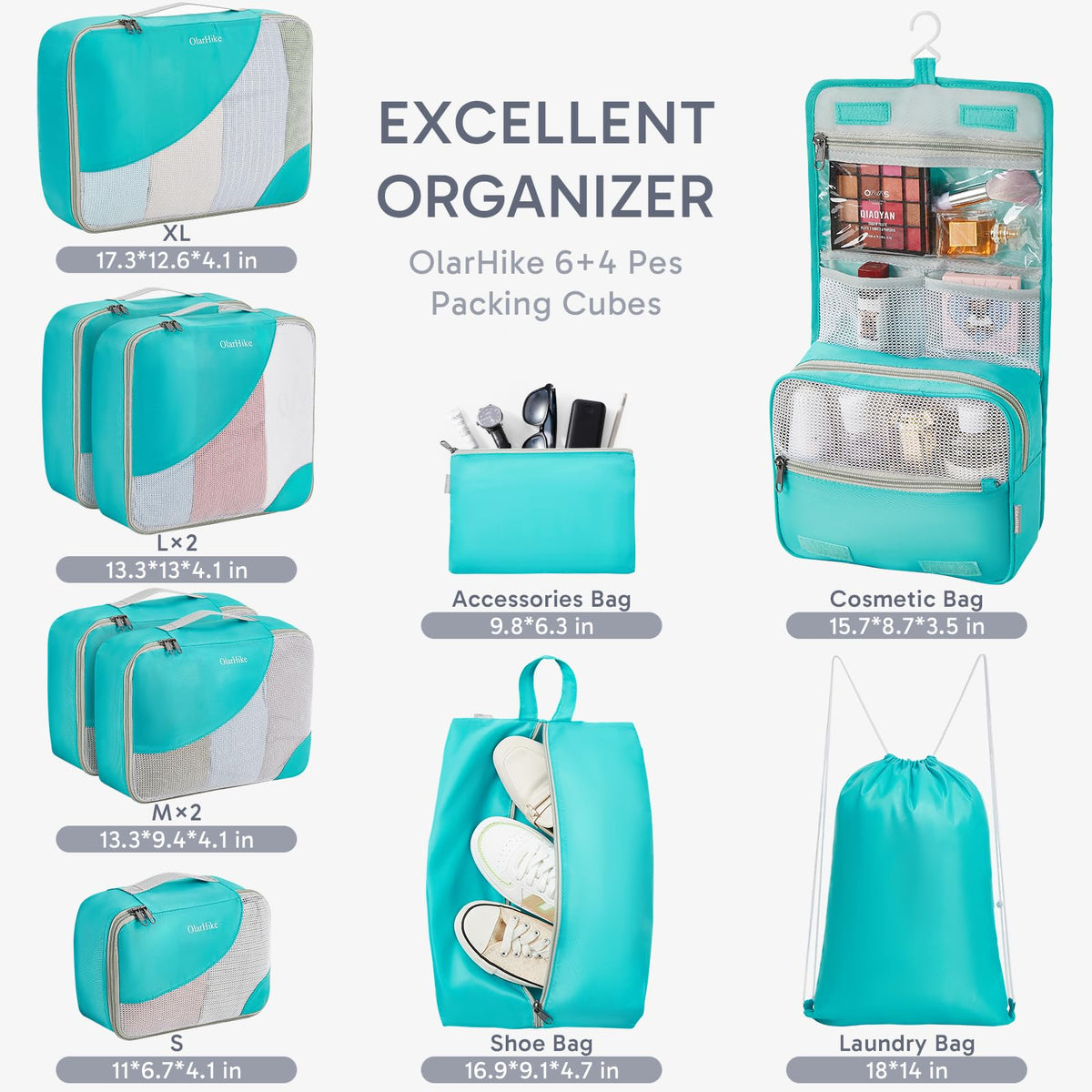 OlarHike 10 Piece Set Travel Packing Cubes | Turquoise - aborderproducts