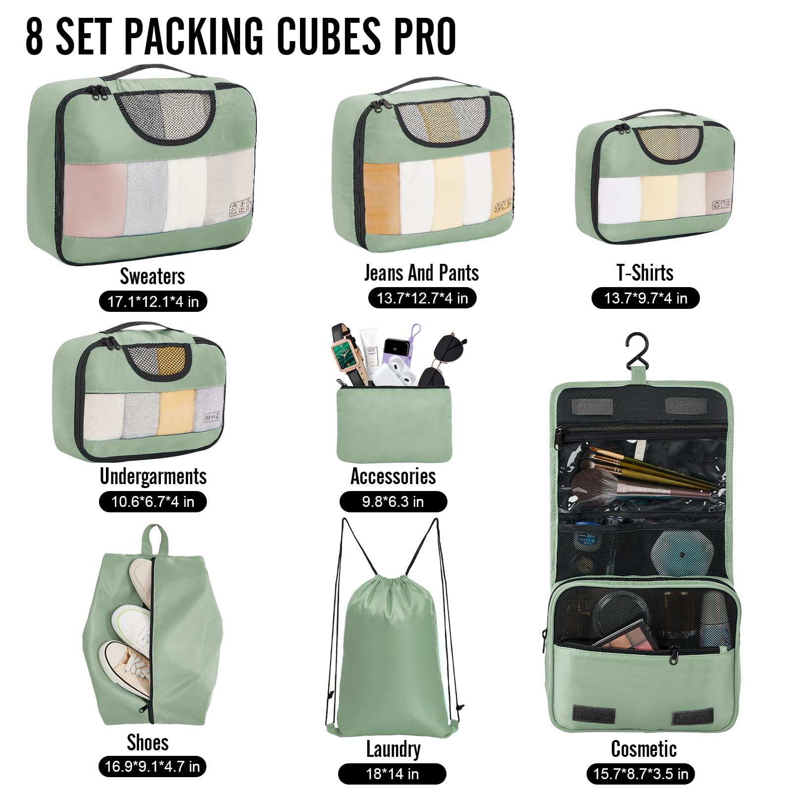 Veken 8 Piece Set Travel Packing Cubes | Matcha Green - aborderproducts