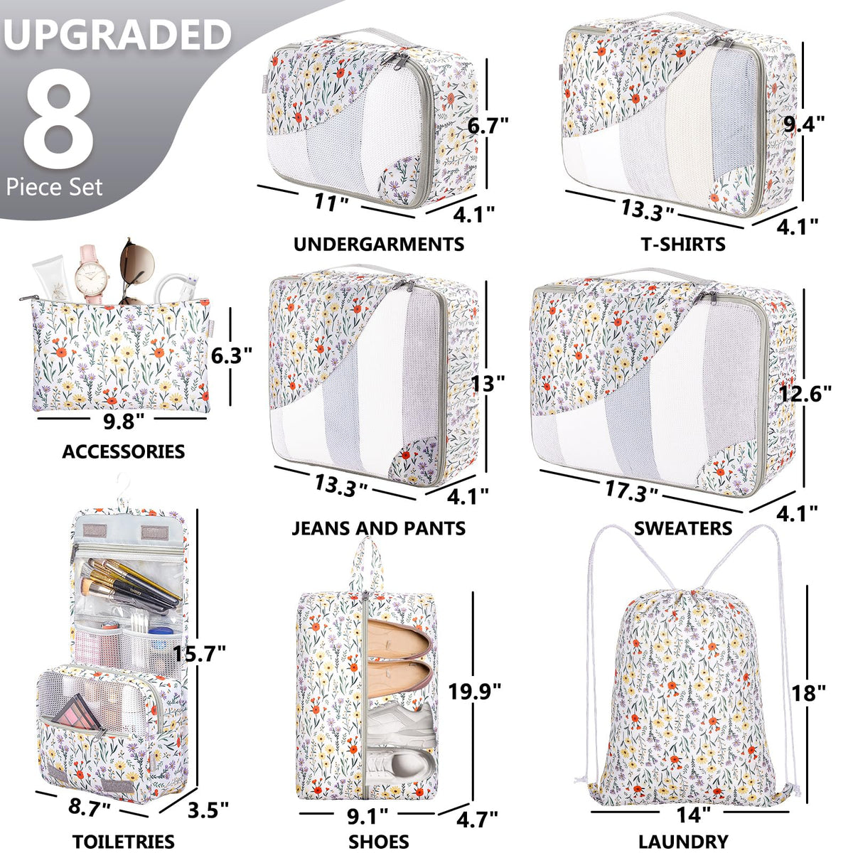 OlarHike 8 Piece Set Travel Packing Cubes | Flower - aborderproducts