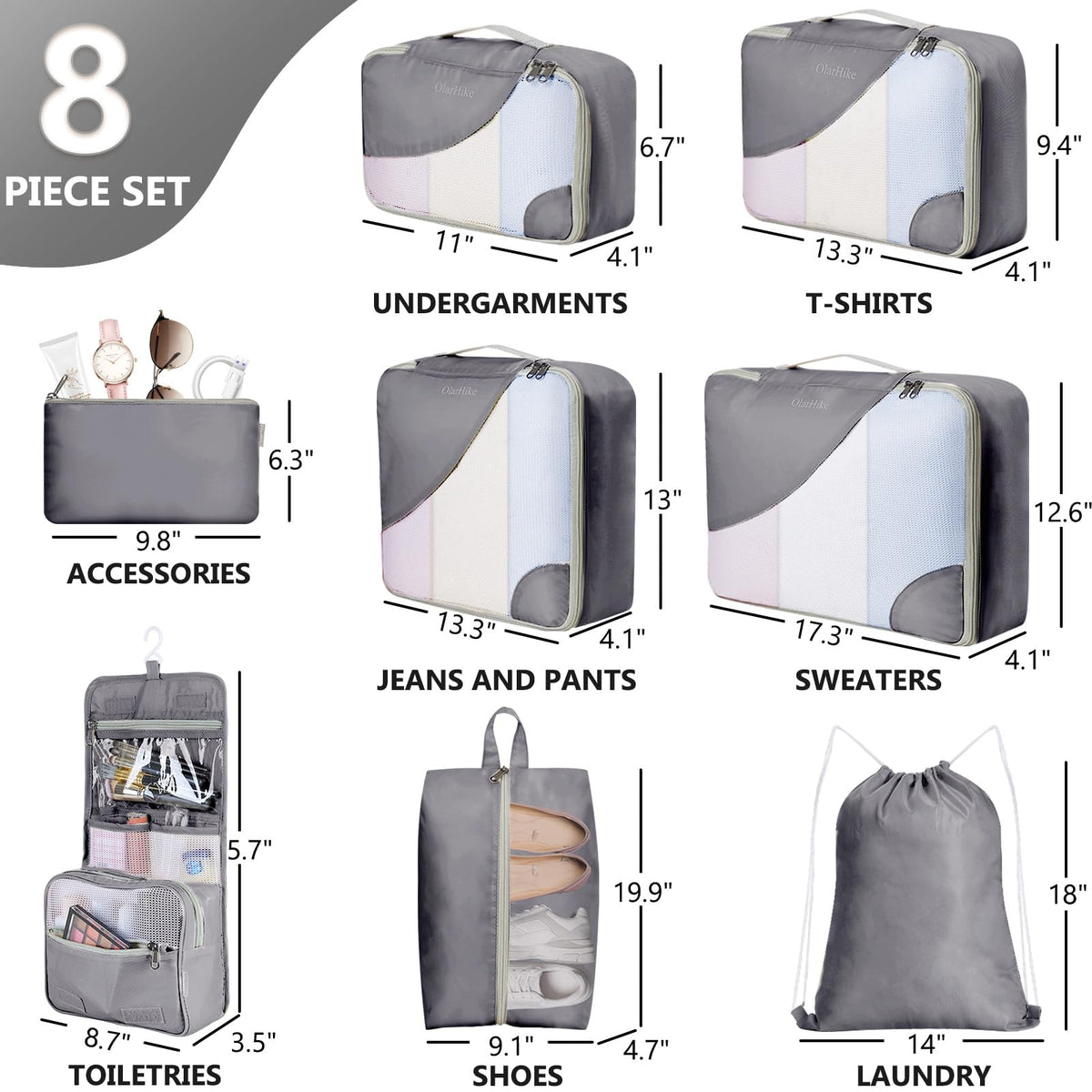 OlarHike 8 Piece Set Travel Packing Cubes | Grey - aborderproducts