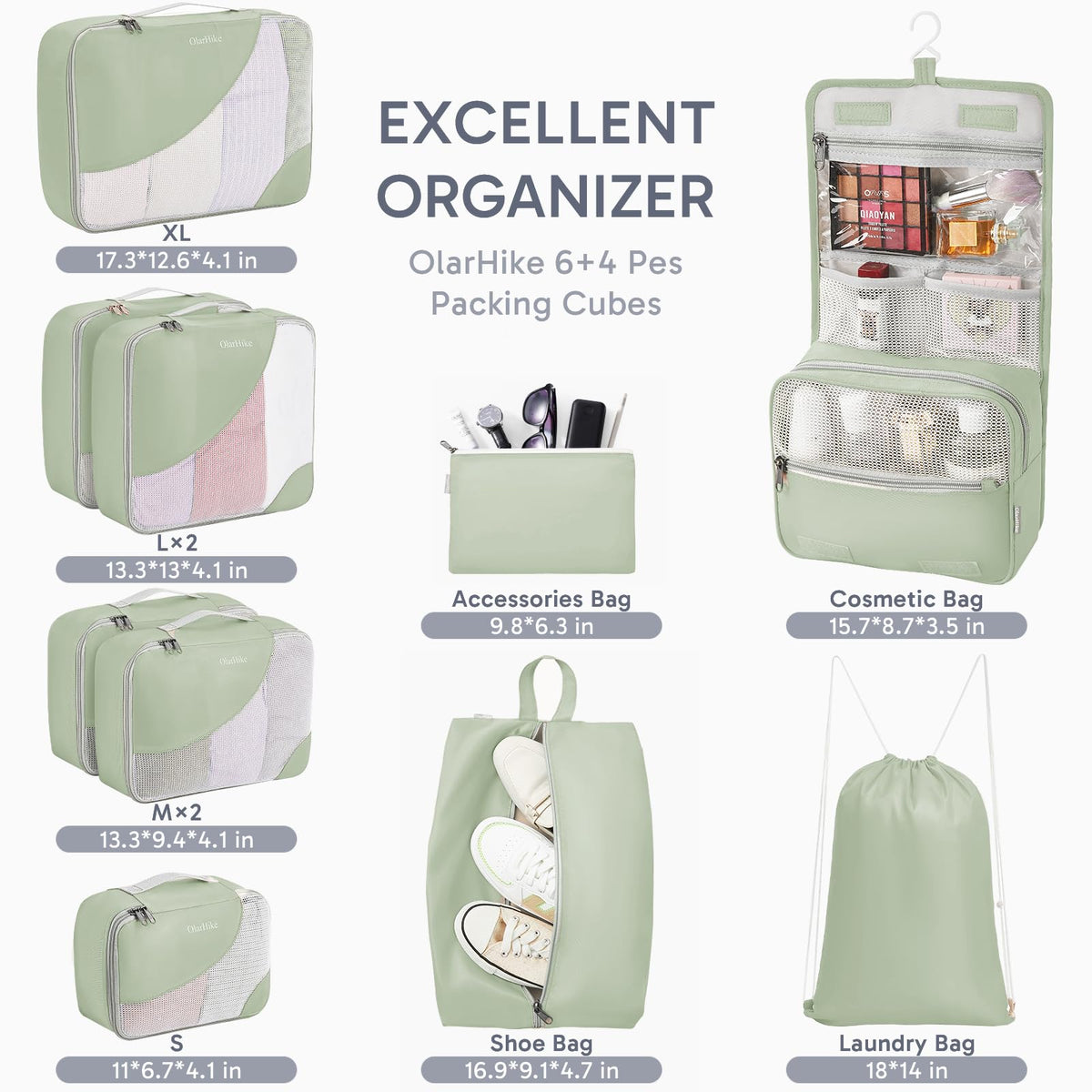 OlarHike 10 Piece Set Travel Packing Cubes | Matcha Green - aborderproducts