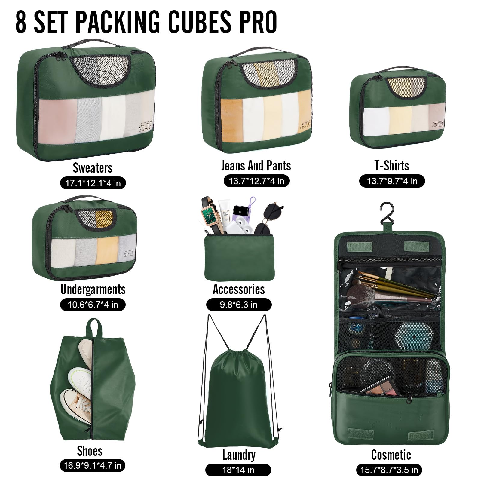 Veken 8 Piece Set Travel Packing Cubes | Dark Green - aborderproducts