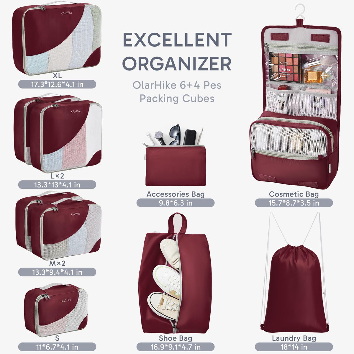 OlarHike 10 Piece Set Travel Packing Cubes | Burgundy - aborderproducts