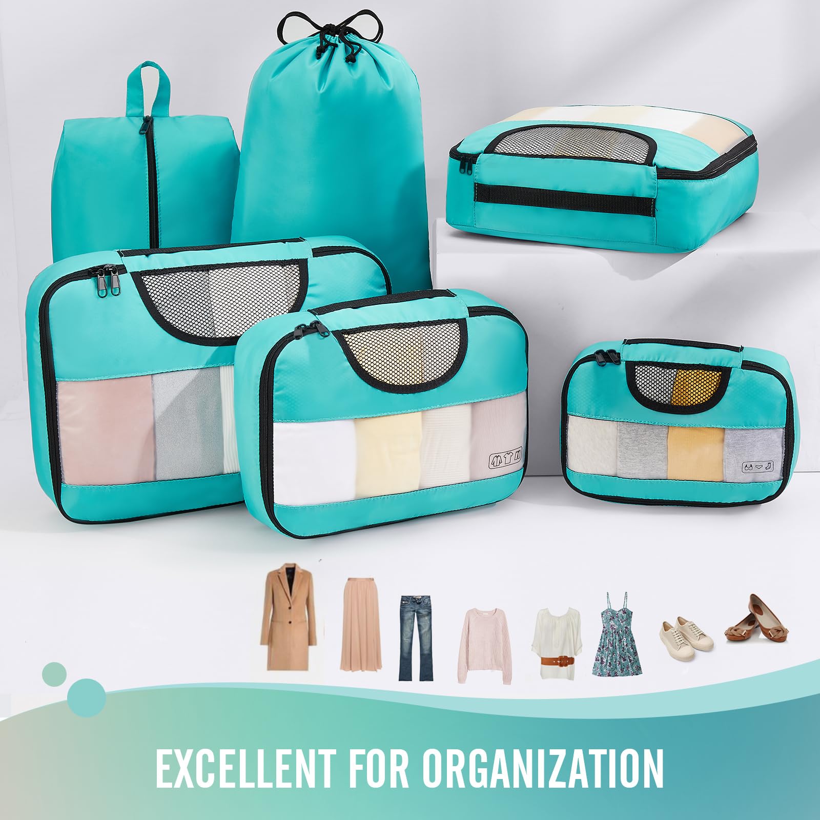 Veken Packing Cubes | 6 Set | Cyan - aborderproducts