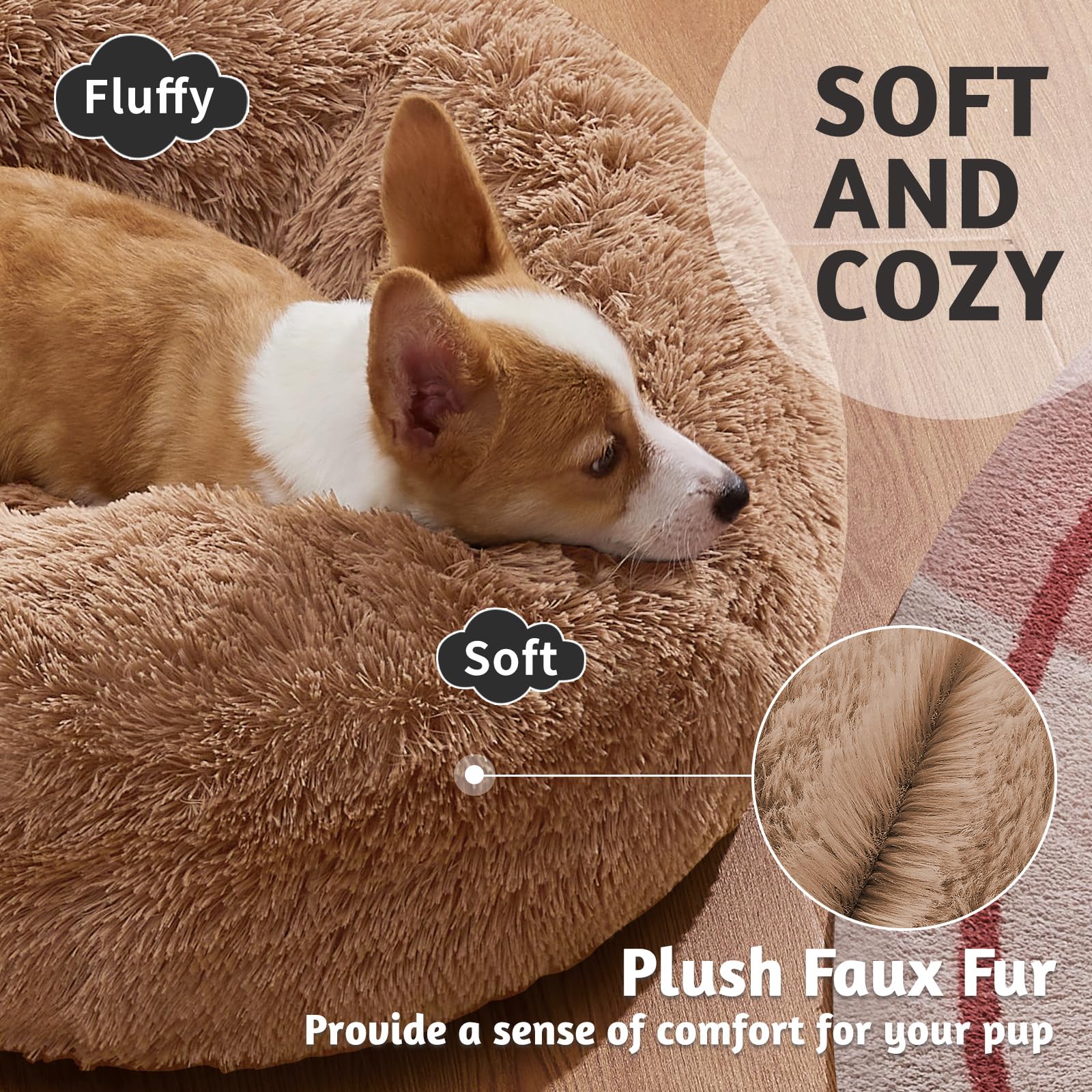 OhGeni Calming Donut Bed for Dogs and Cats | Small (23 x 23 x 7 Inch))| Ocher - aborderproducts