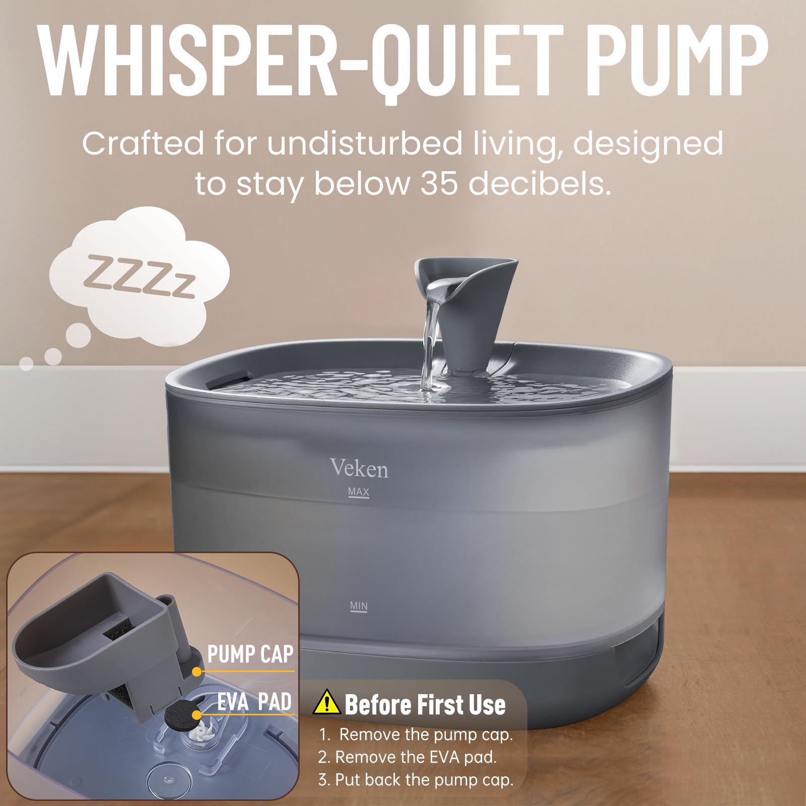 Veken Pet Fountain With Detachable Water Tank | 84oz/2.5L | Grey - aborderproducts