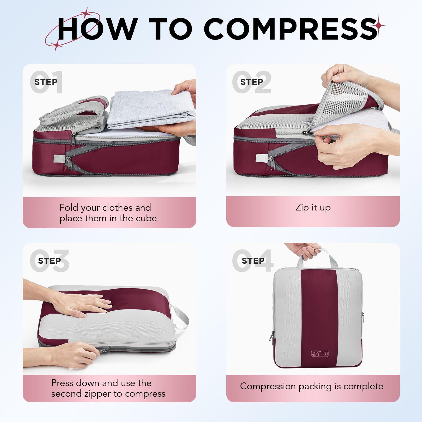 OlarHike | Compression Packing Cubes | 8 Sets | Burgundy - aborderproducts