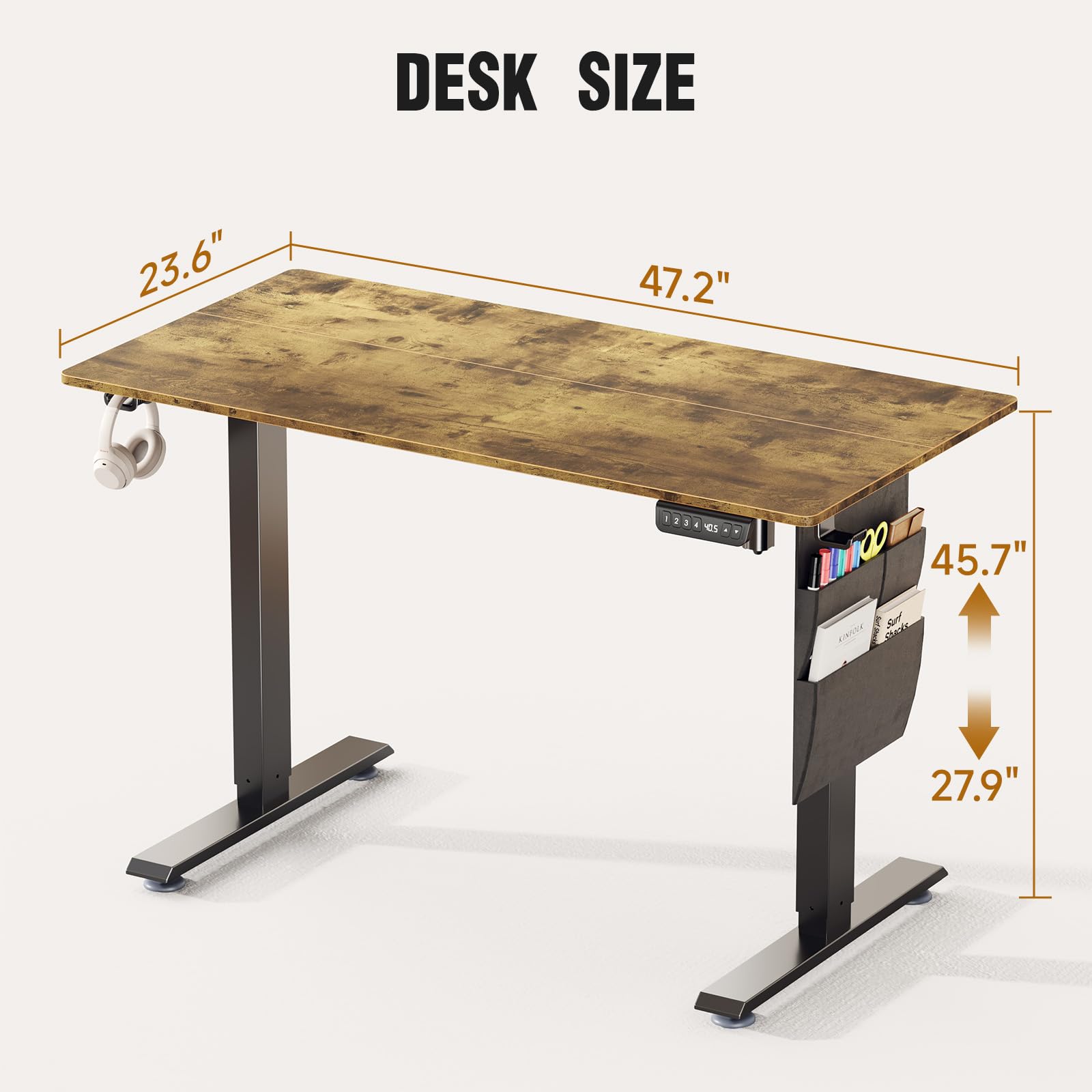 Veken Electric Standing Desk with Side Storage Pocket, 47.2x27.6 Inch 1-Inch Thick | Brown - aborderproducts