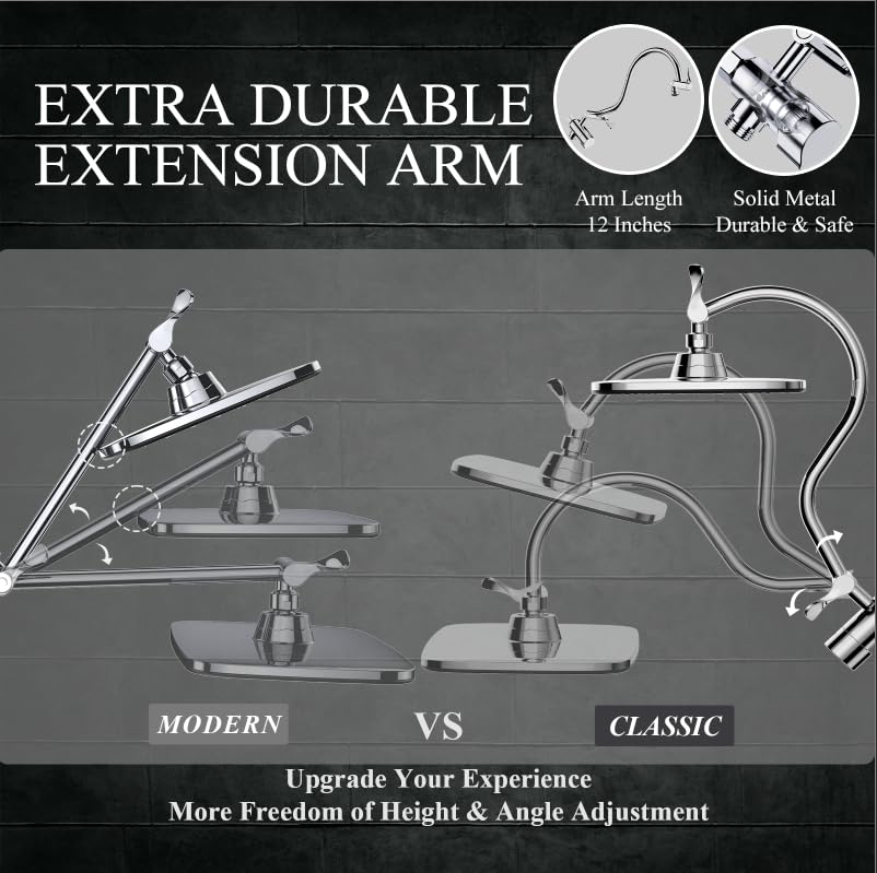 Veken 12 Inch High Pressure Rain Shower Head Combo with Curved Extension Arm | Upgraded 2-in-1 slide bar | Silver Chrome - aborderproducts