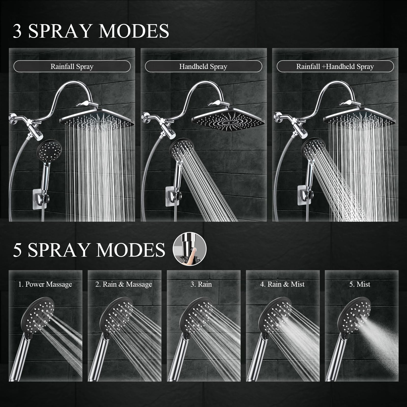 Veken 12 Inch High Pressure Rain Shower Head Combo with Curved Extension Arm | Upgraded 2-in-1 slide bar | Silver Chrome - aborderproducts