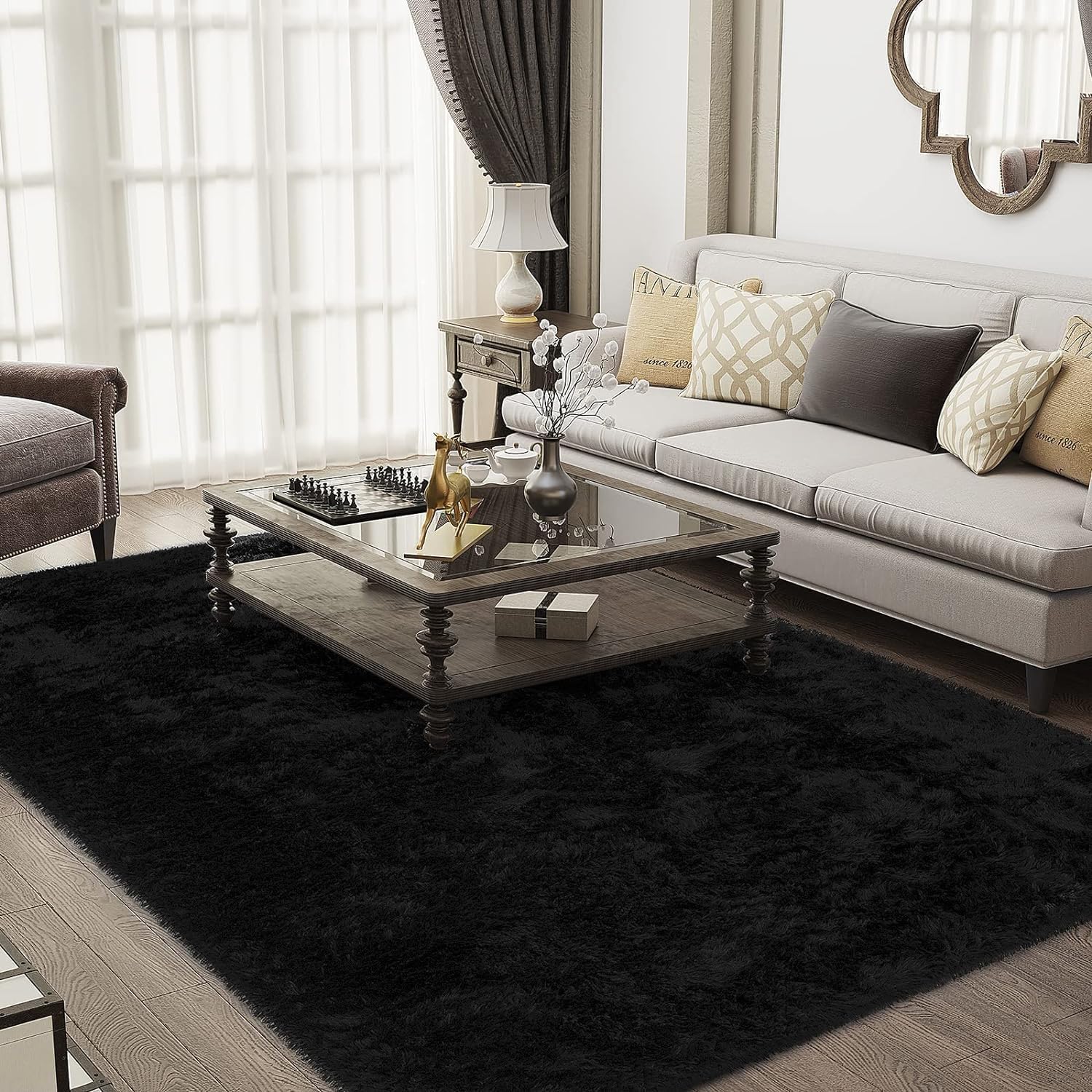 Ophanie Upgrade Fluffy Shaggy Soft Area Rug | Black 5x8 - aborderproducts