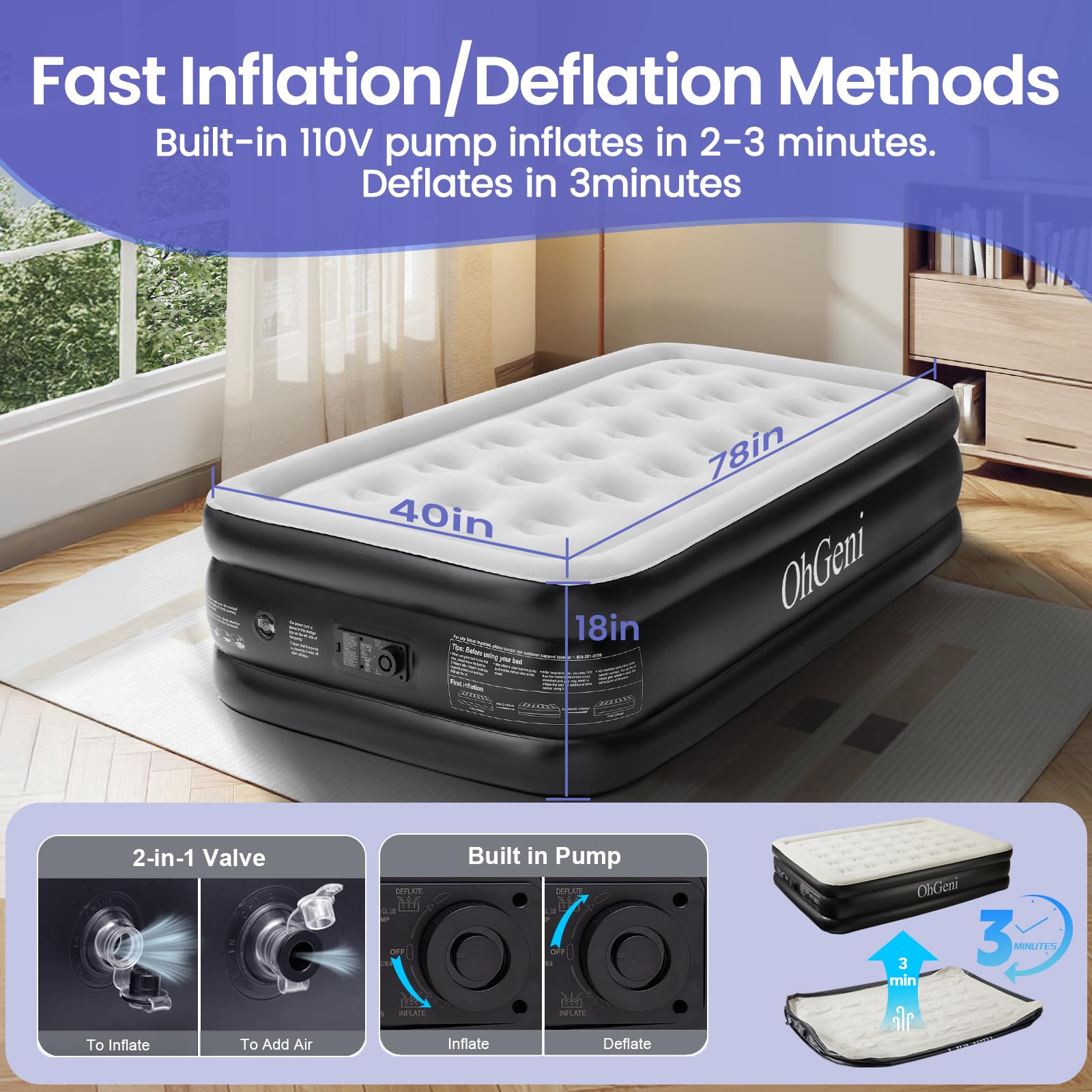 OhGeni Twin Air Mattress with Built in Pump for Guest |18in Tall | Black - aborderproducts