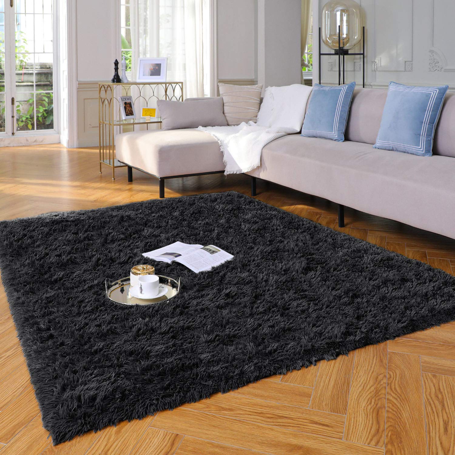 Ophanie Upgrade Fluffy Shaggy Soft Area Rug | Black 4x6 - aborderproducts
