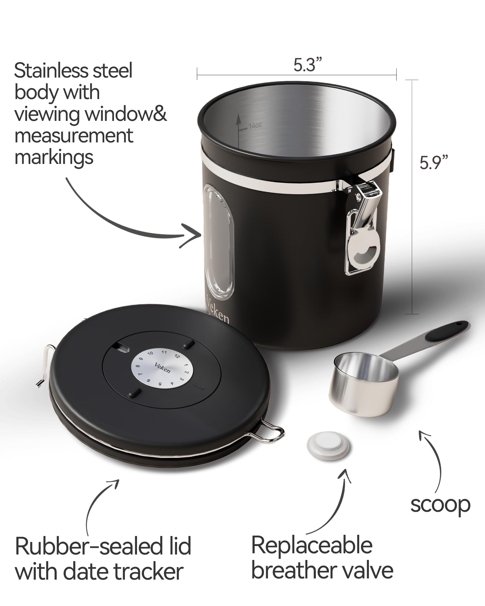 Veken Coffee Canister | 16oz | Black - aborderproducts
