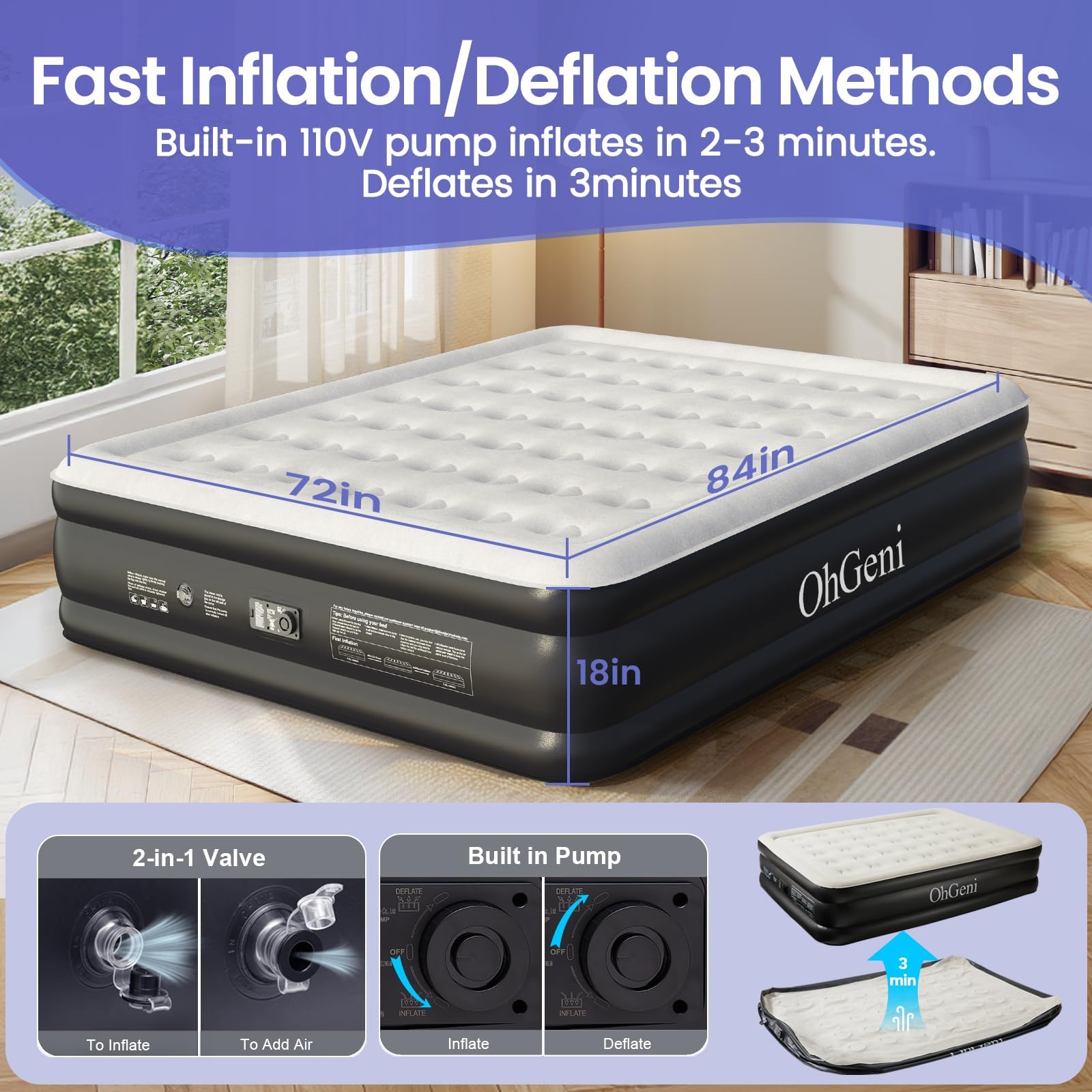 OhGeni Cal King Air Mattress with Built in Pump | 18in Tall | Black - aborderproducts