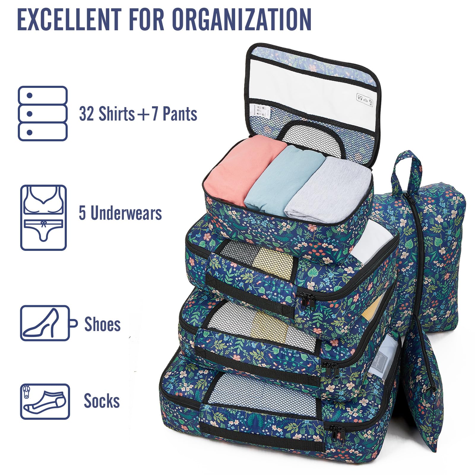 Veken 8 Piece Set Travel Packing Cubes | Blue Floral - aborderproducts