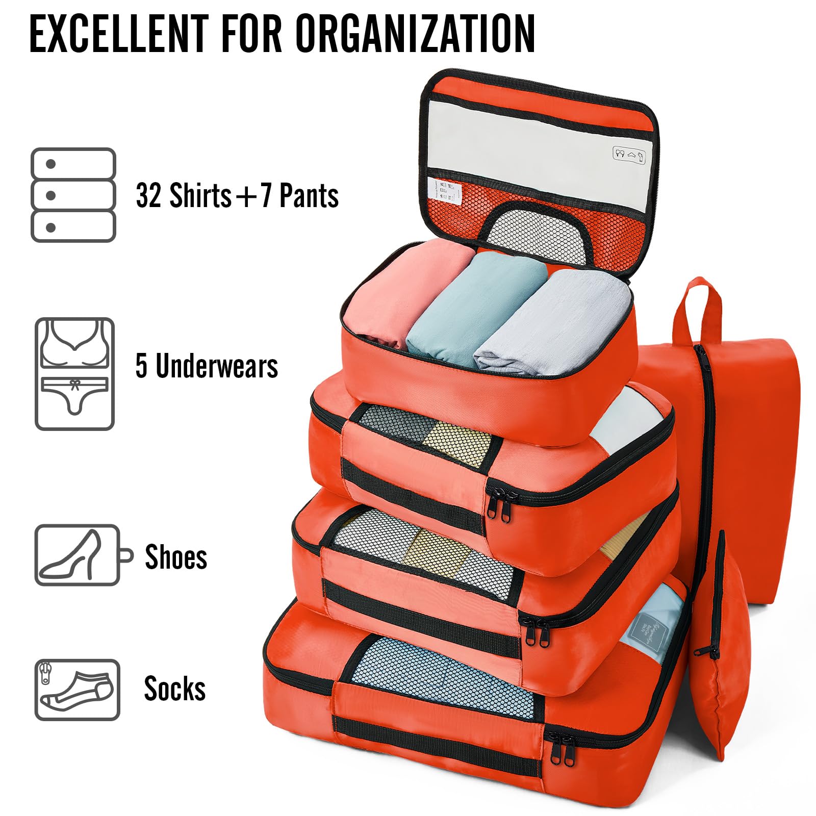 Veken 8 Piece Set Travel Packing Cubes | Orange - aborderproducts