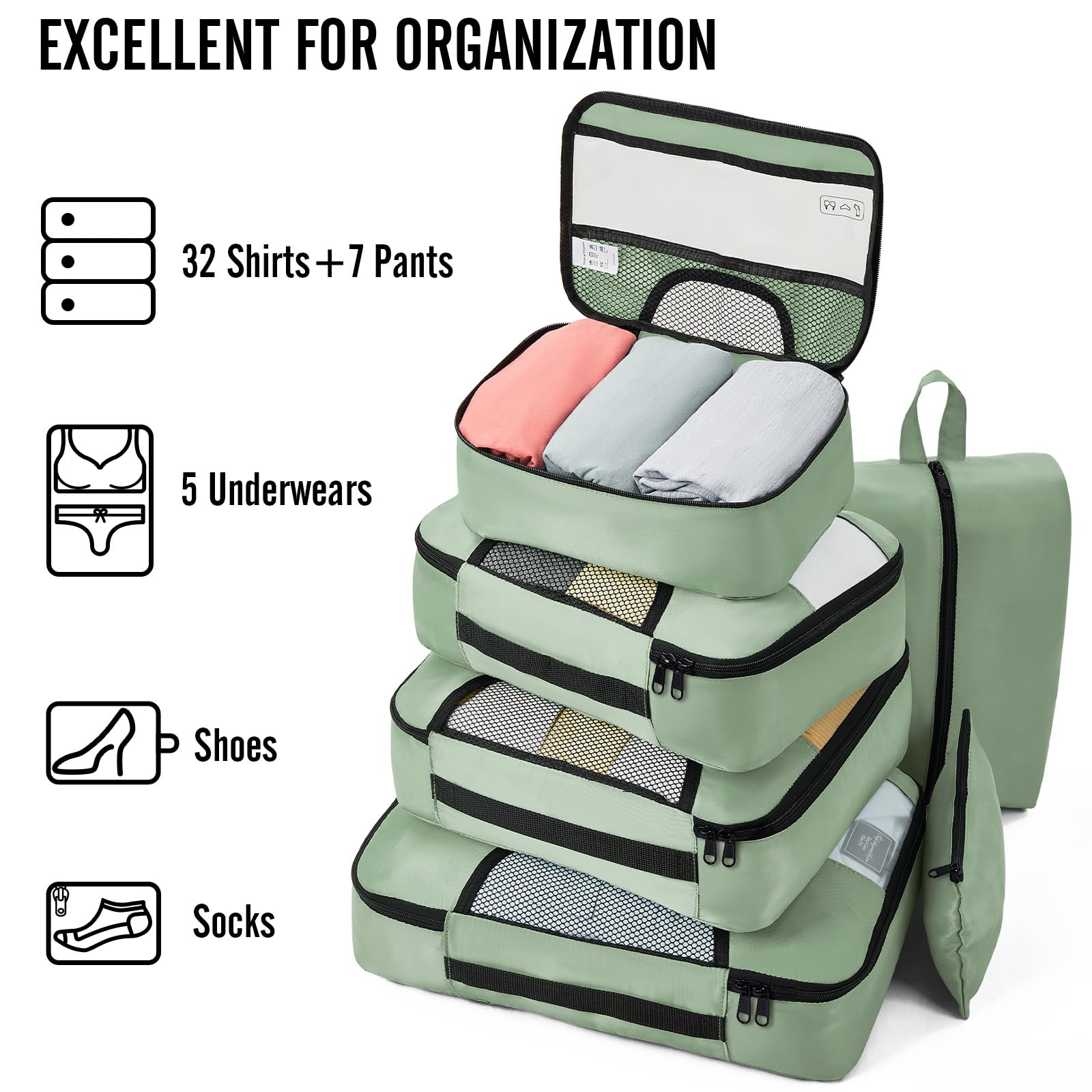 Veken 8 Piece Set Travel Packing Cubes | Matcha Green - aborderproducts