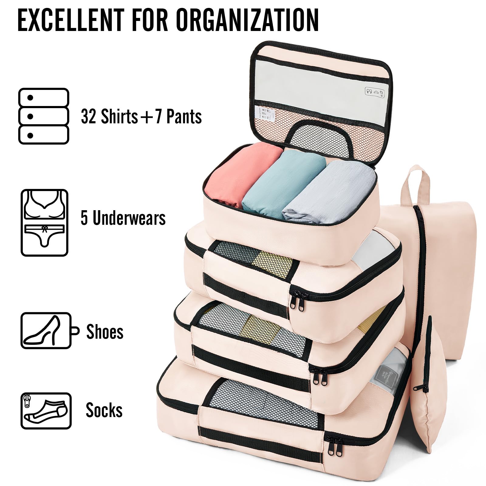 Veken 8 Piece Set Travel Packing Cubes | Cream - aborderproducts