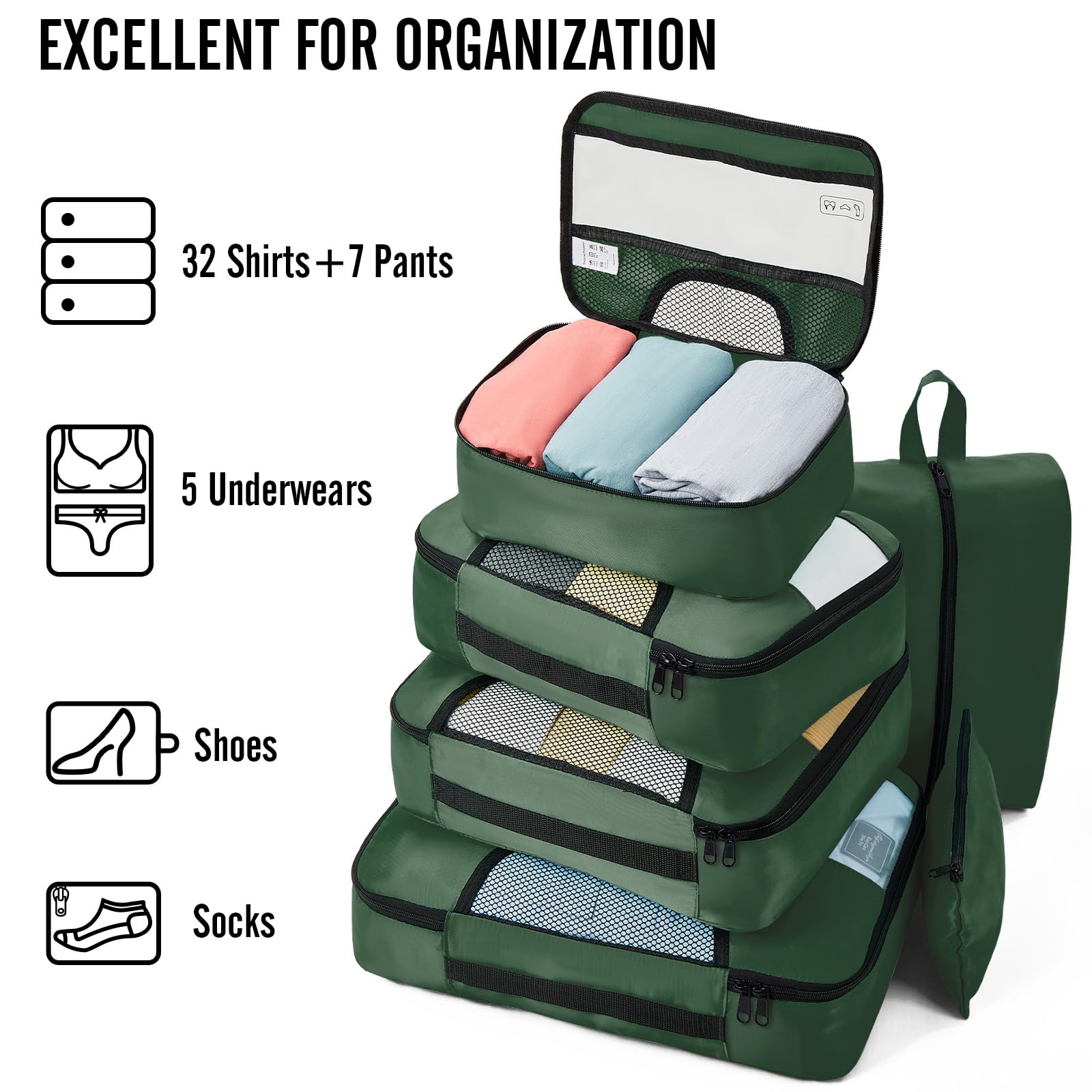 Veken 8 Piece Set Travel Packing Cubes | Dark Green - aborderproducts