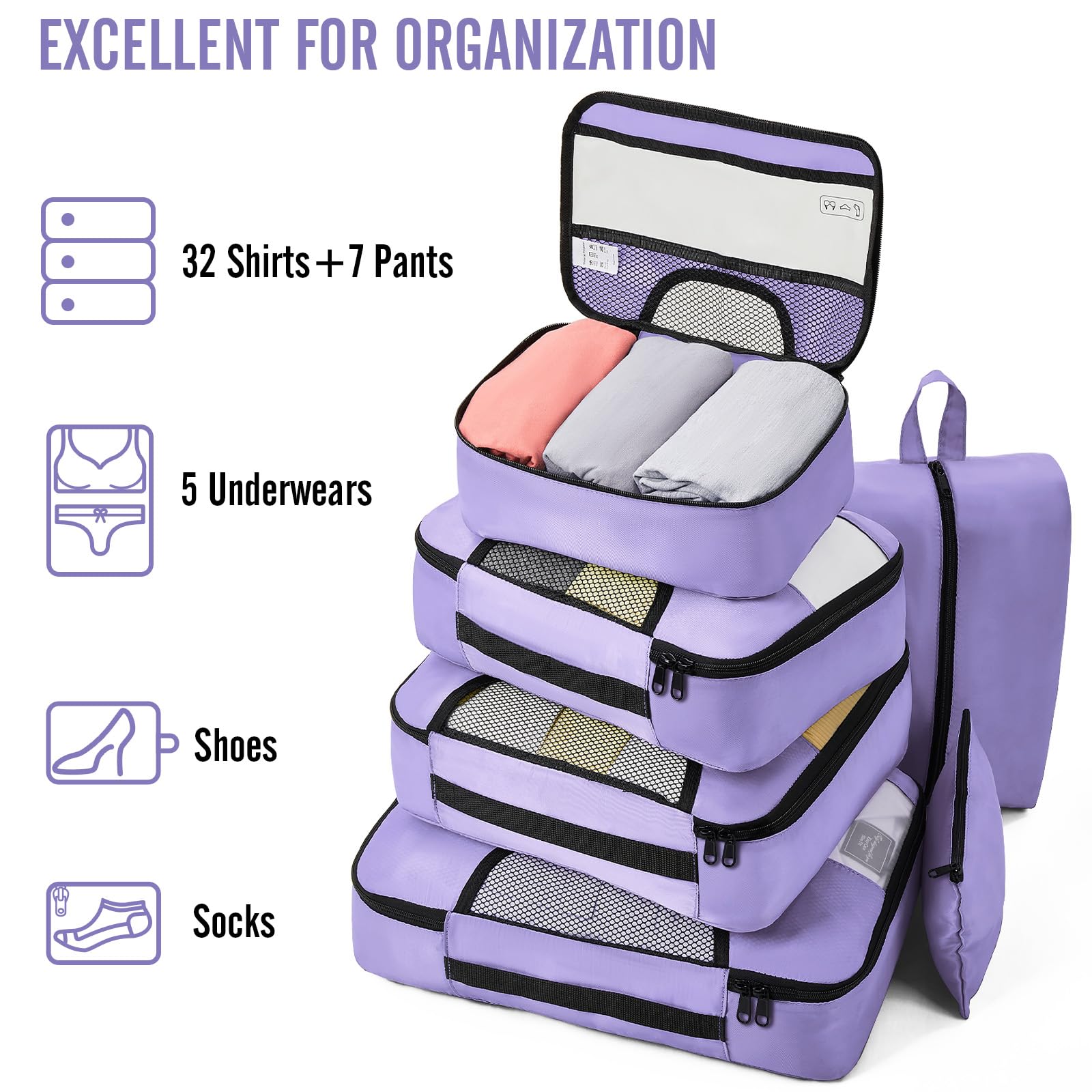 Veken 8 Piece Set Travel Packing Cubes | Light Purple - aborderproducts