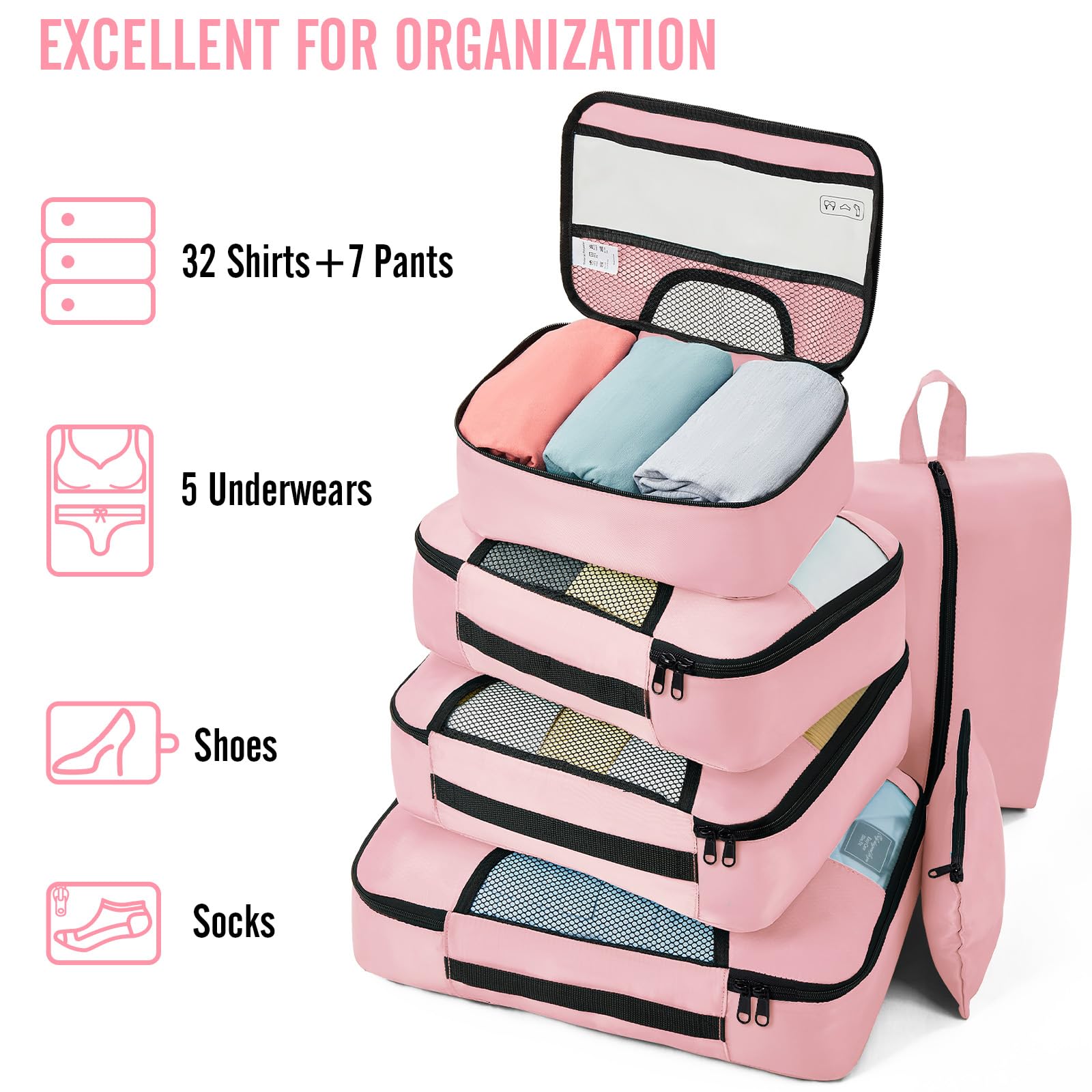 Veken 8 Piece Set Travel Packing Cubes | Pink - aborderproducts