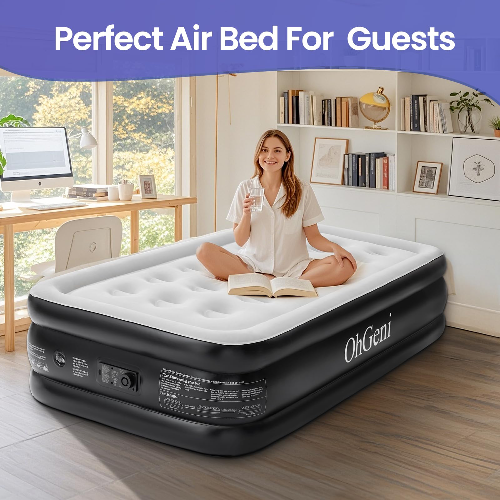 OhGeni Twin Air Mattress with Built in Pump for Guest |18in Tall | Black - aborderproducts