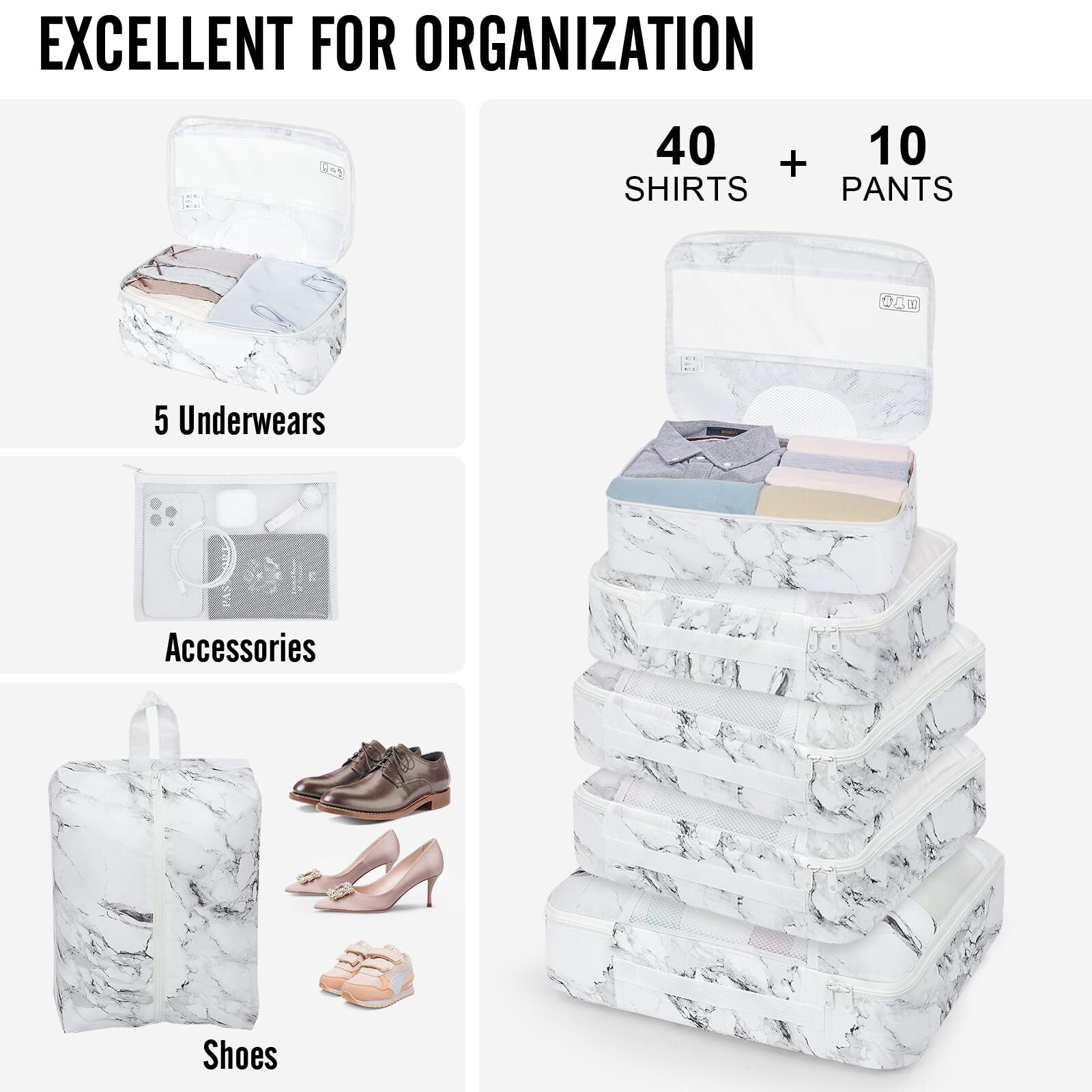 Veken 10 Set Packing Cube White Marble - aborderproducts