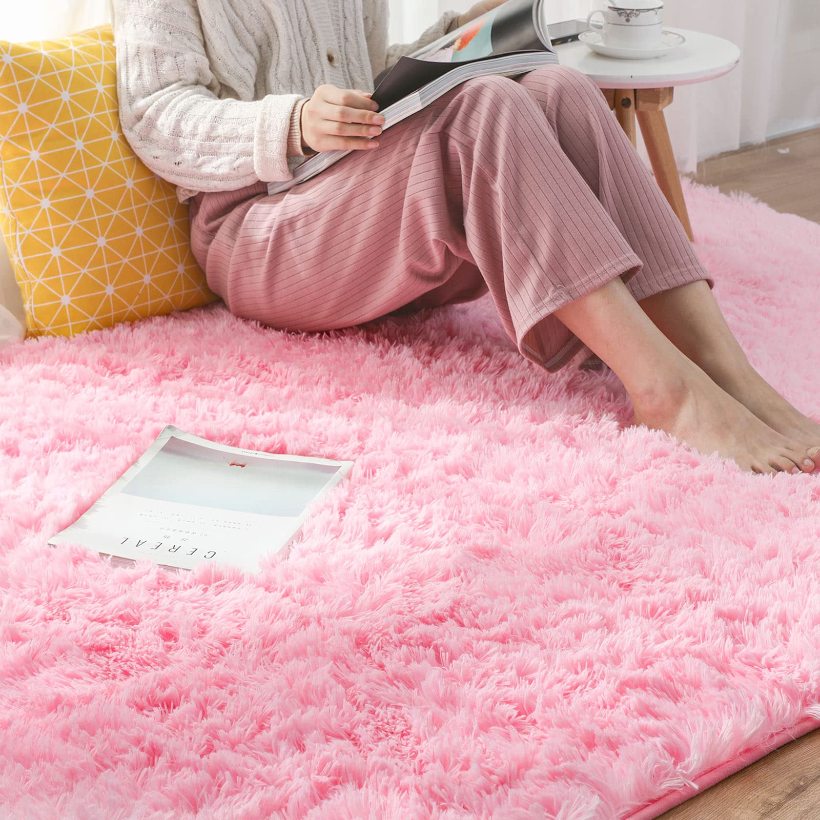 Ophanie Upgrade Fluffy Shaggy Soft Area Rug | Pink 4x6 - aborderproducts