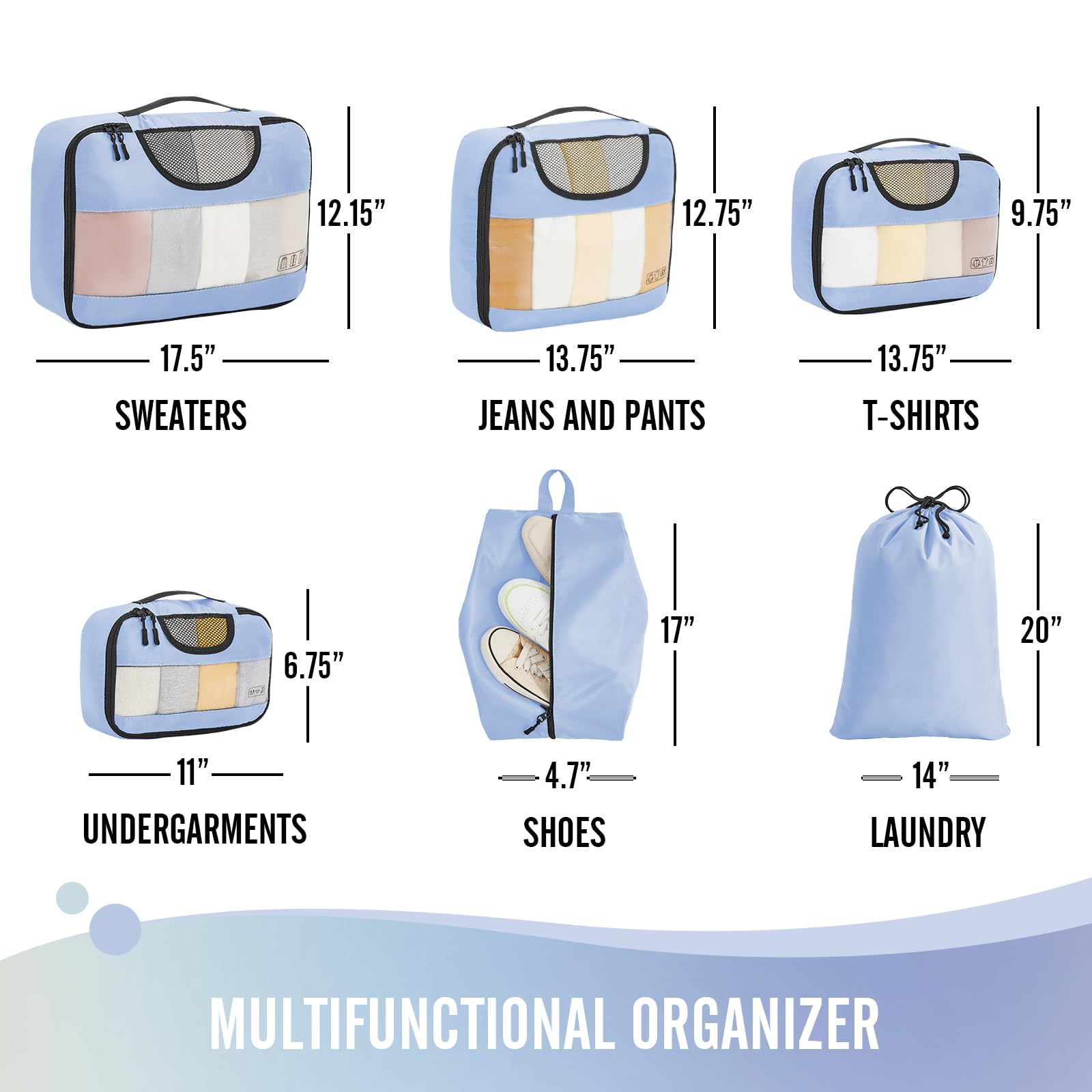 Veken 6 Piece Set Travel Packing Cubes | Light Blue - aborderproducts