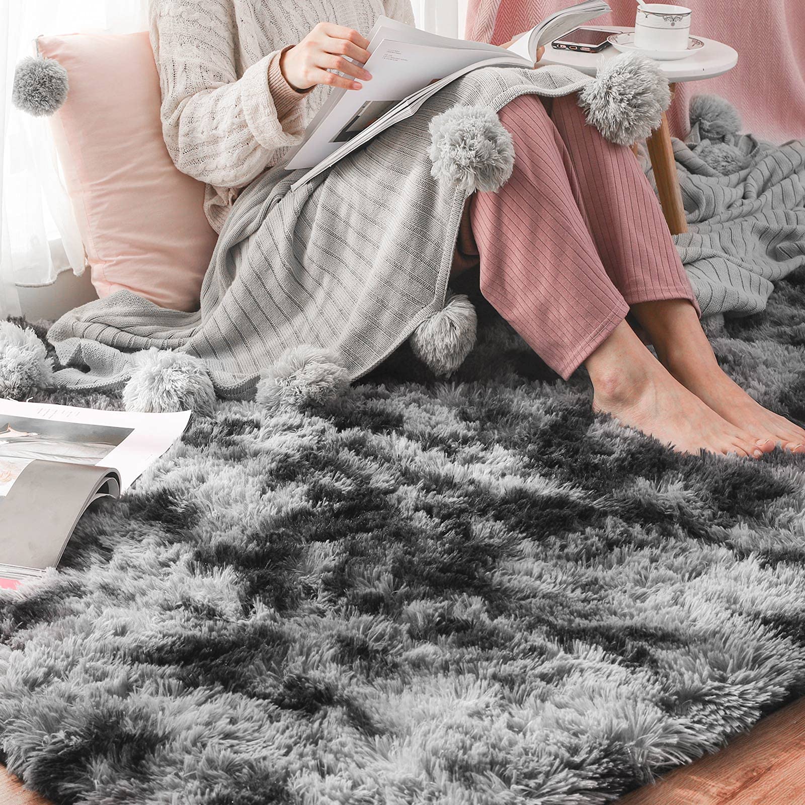 Ophanie Upgrade Fluffy Shaggy Soft Area Rug | Tie Dyed Grey & White 8x10 - aborderproducts