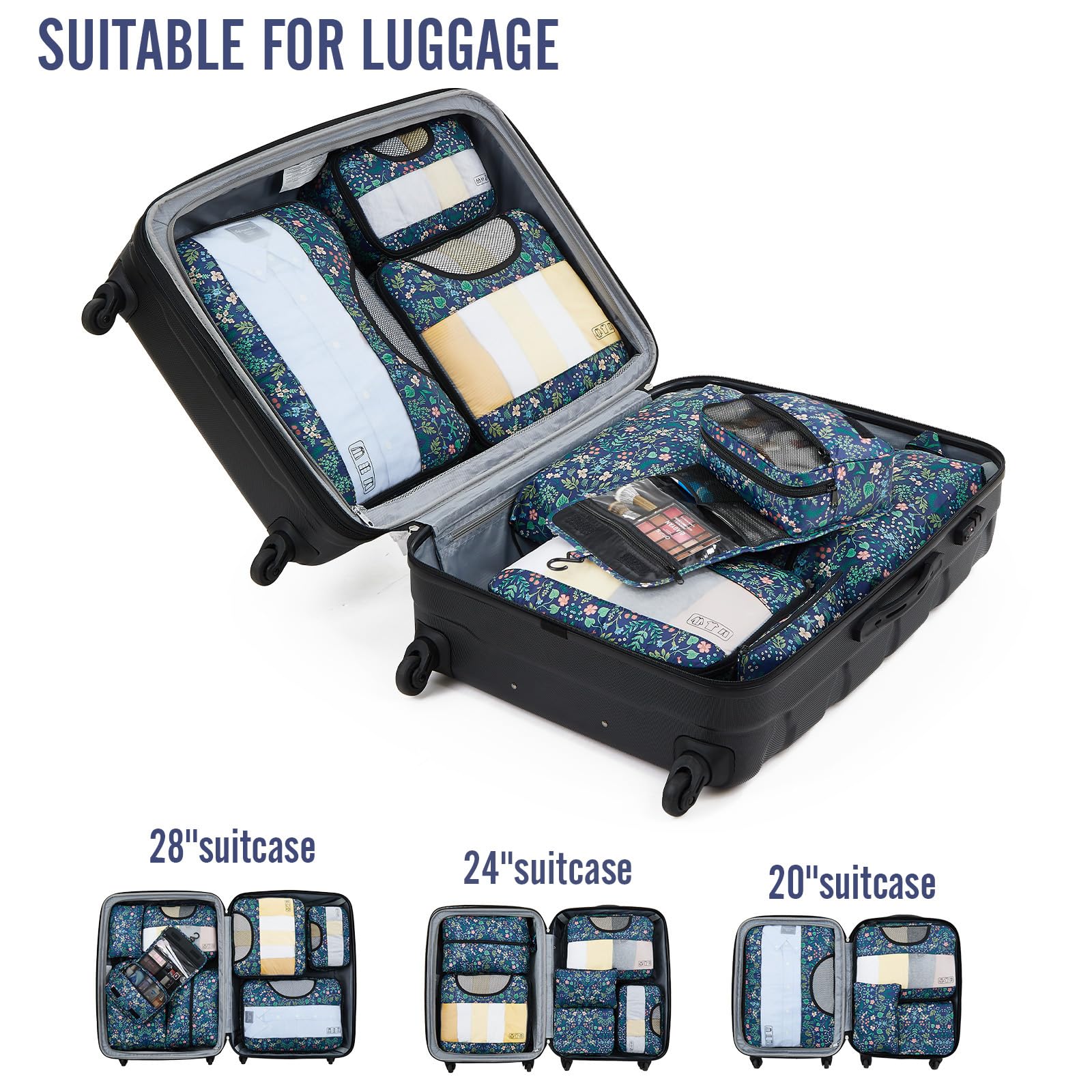 Veken 8 Piece Set Travel Packing Cubes | Blue Floral - aborderproducts
