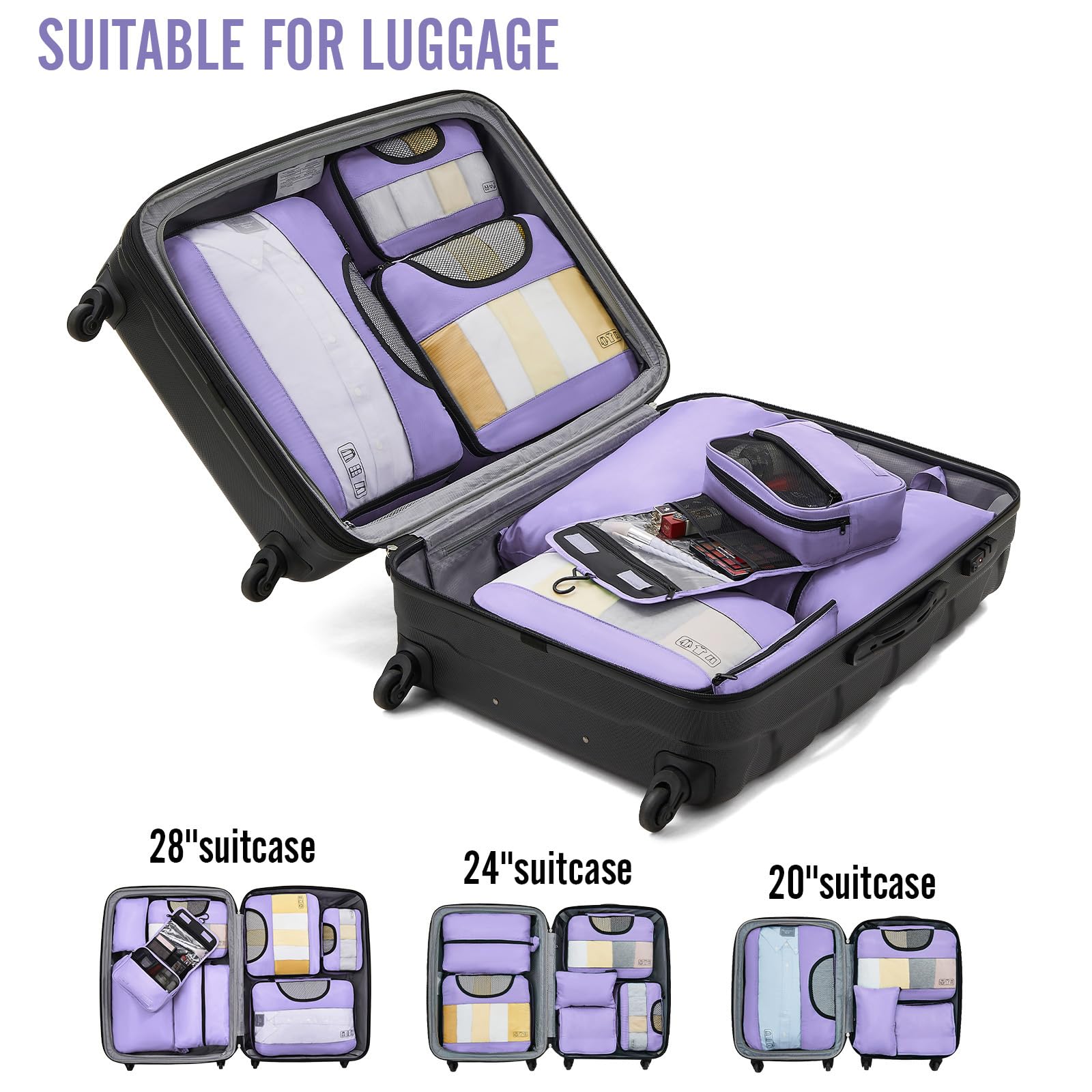 Veken 8 Piece Set Travel Packing Cubes | Light Purple - aborderproducts