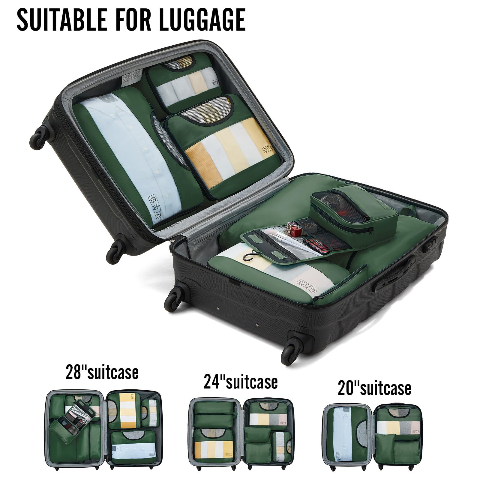 Veken 8 Piece Set Travel Packing Cubes | Dark Green - aborderproducts