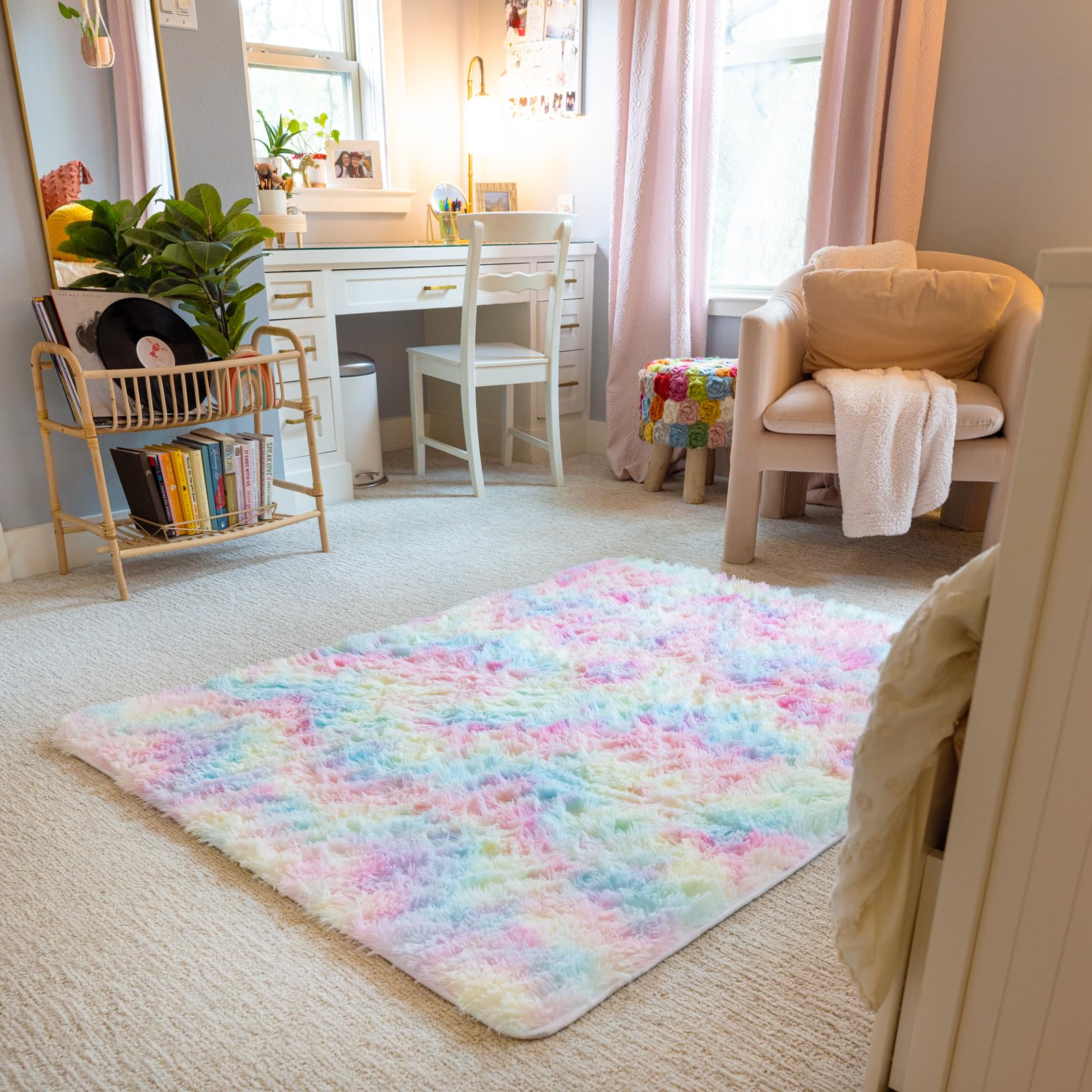 Ophanie Upgrade Fluffy Shaggy Soft Area Rug | Rainbow 4x6 - aborderproducts