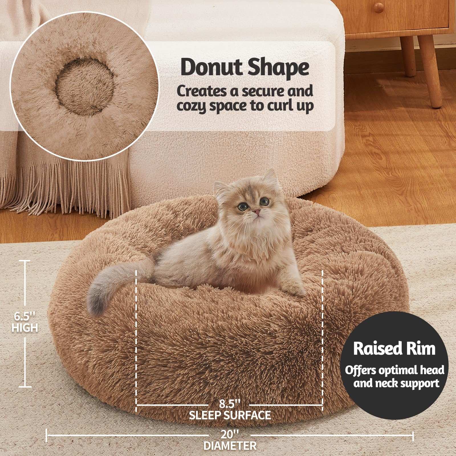 OhGeni Calming Donut Bed for Dogs and Cats | XS (20 x 20 x 6.5 Inch)| Ocher - aborderproducts