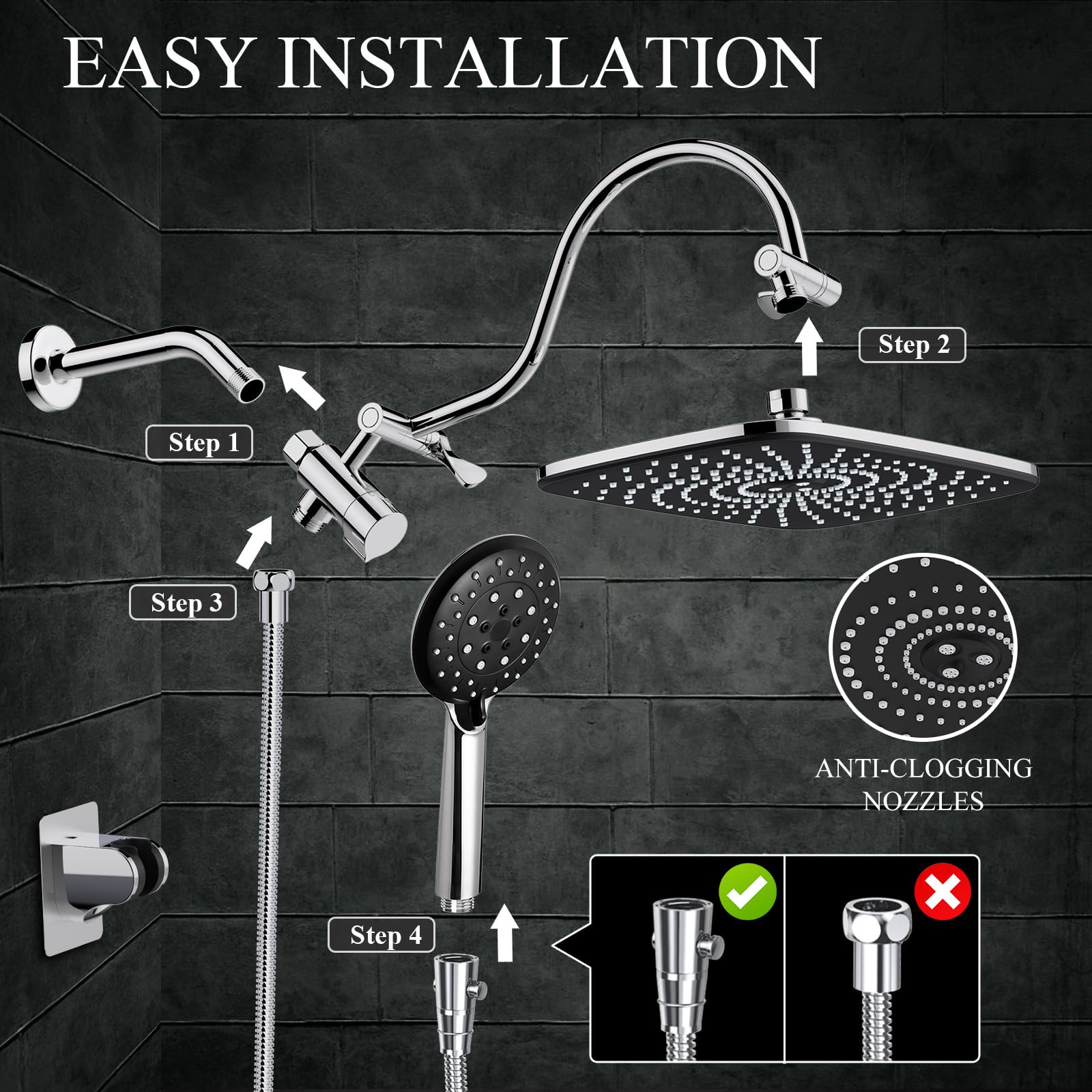 Veken 12 Inch High Pressure Rain Shower Head Combo with Curved Extension Arm | Upgraded 2-in-1 slide bar | Silver Chrome - aborderproducts