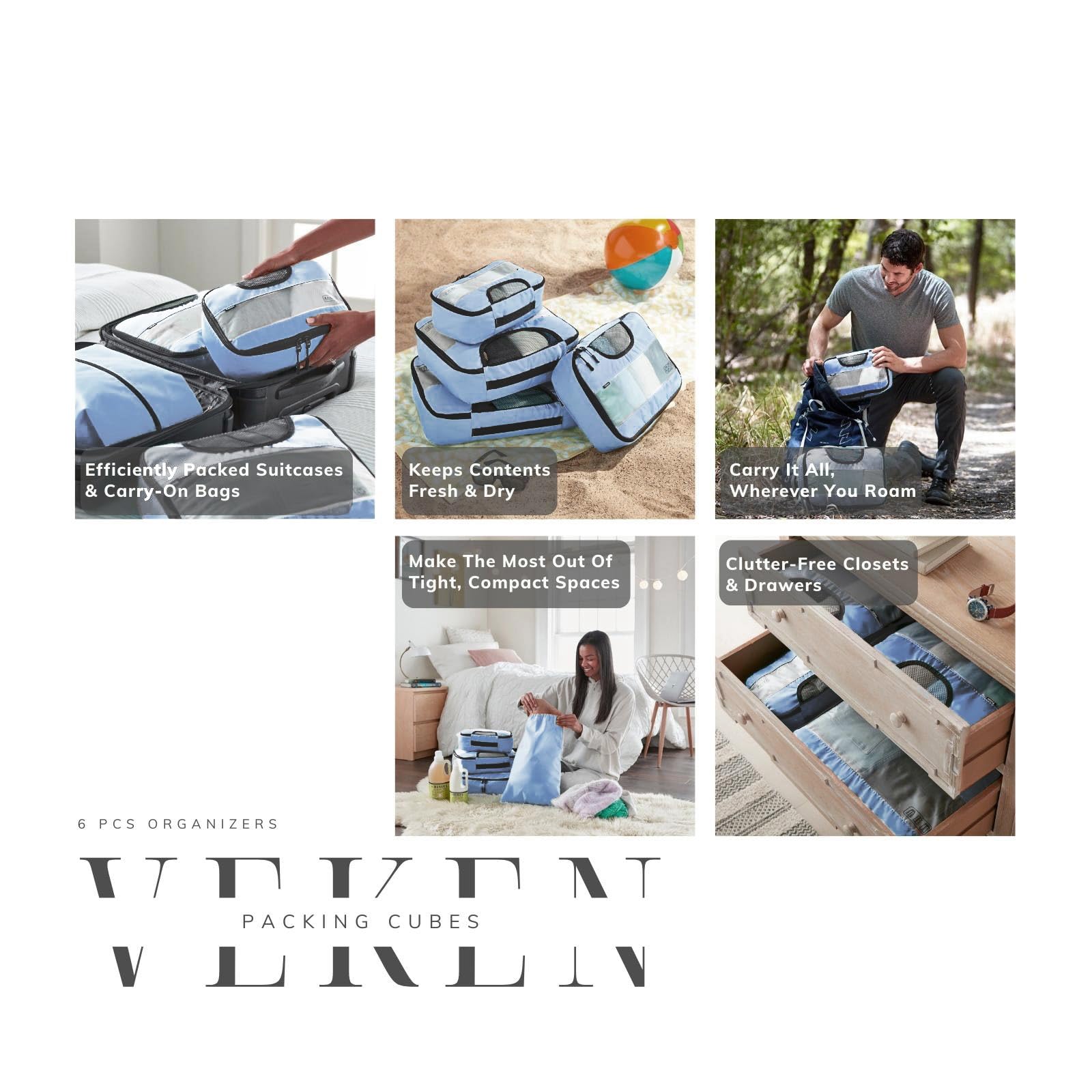 Veken 6 Piece Set Travel Packing Cubes | Light Blue - aborderproducts