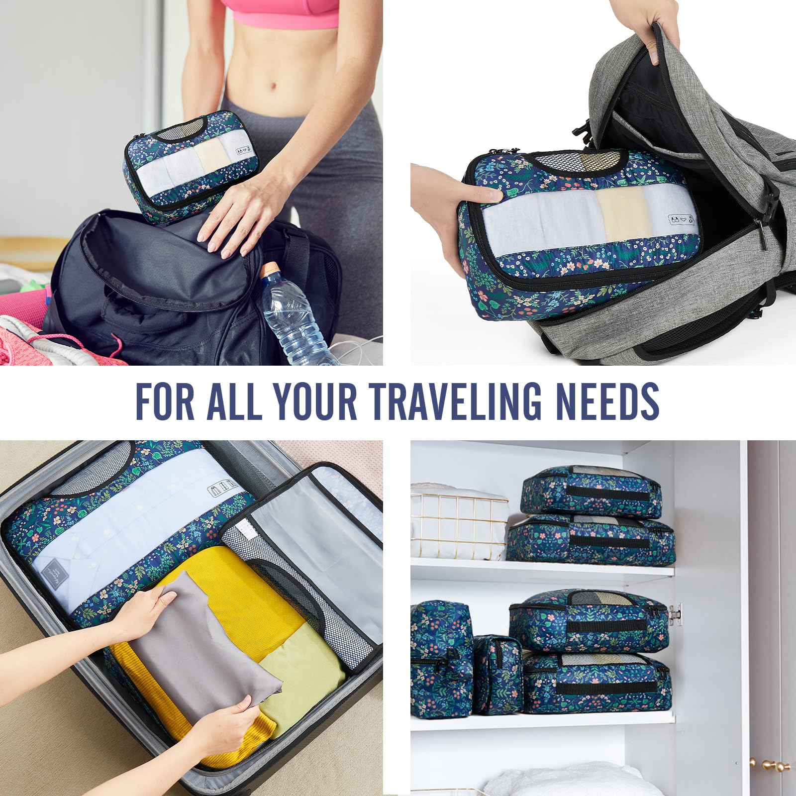 Veken 8 Piece Set Travel Packing Cubes | Blue Floral - aborderproducts
