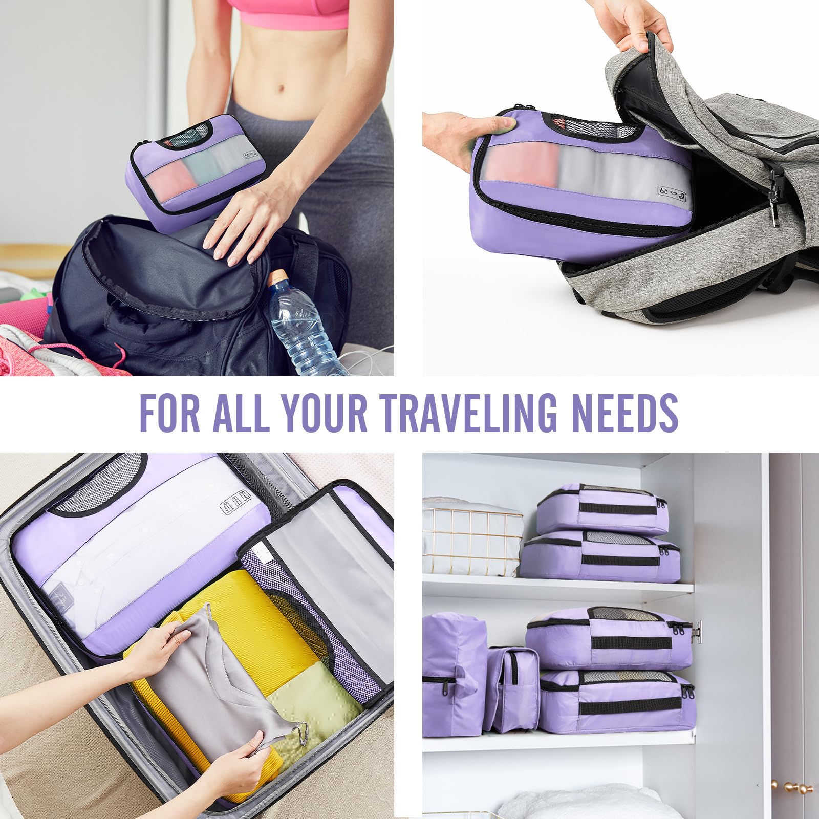 Veken 8 Piece Set Travel Packing Cubes | Light Purple - aborderproducts