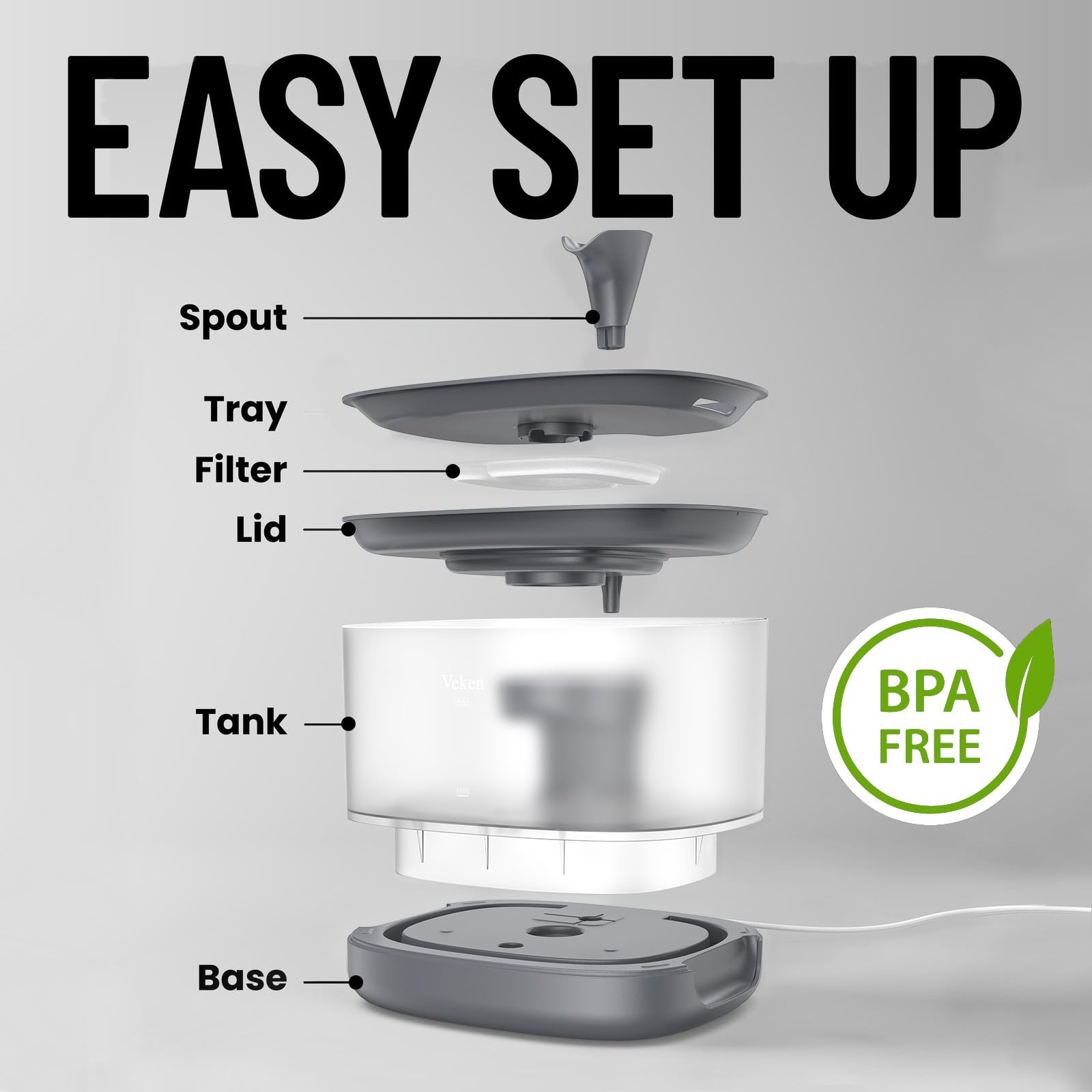 Veken Pet Fountain With Detachable Water Tank | 84oz/2.5L | Grey - aborderproducts