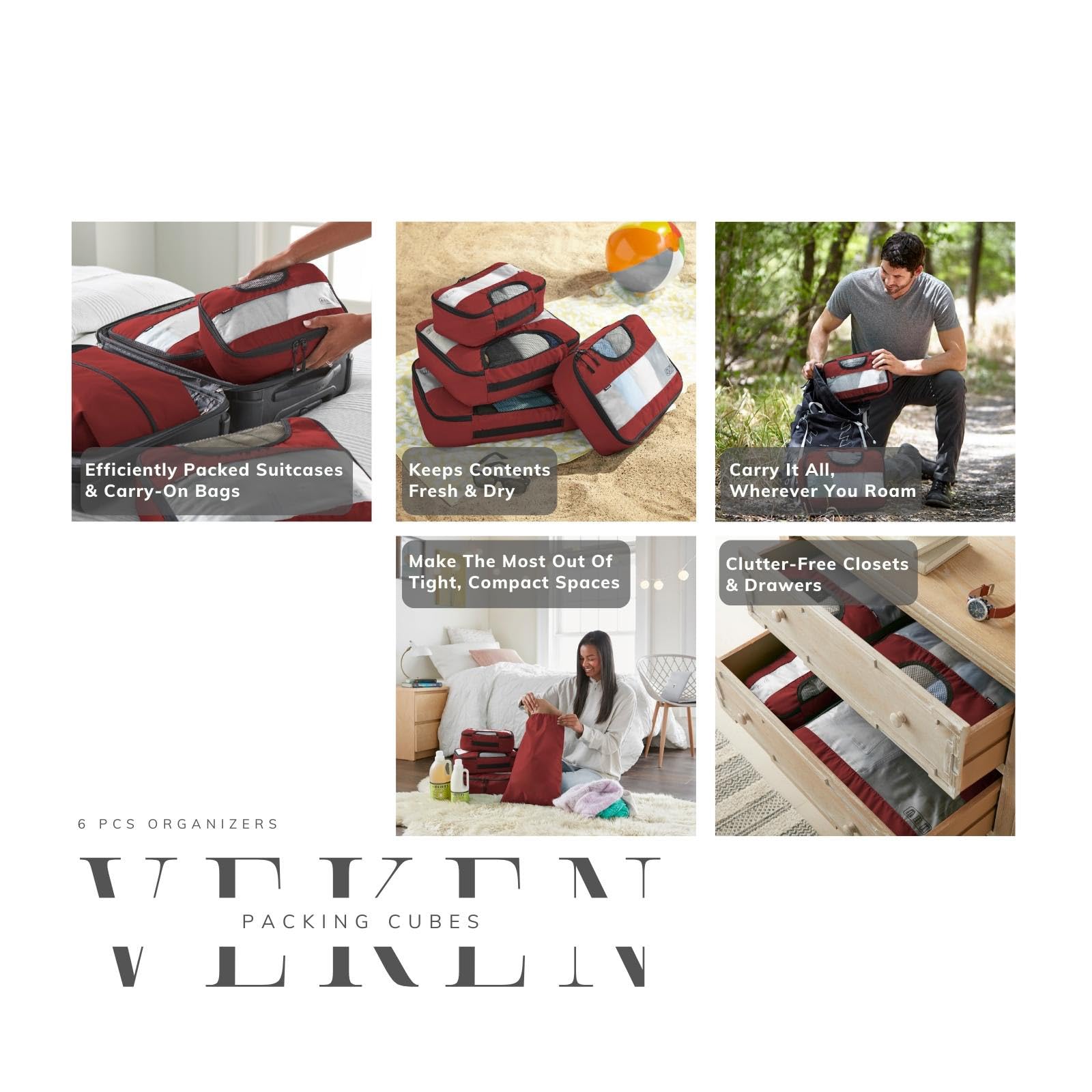 Veken Packing Cubes | 6 Set | Wine Red - aborderproducts