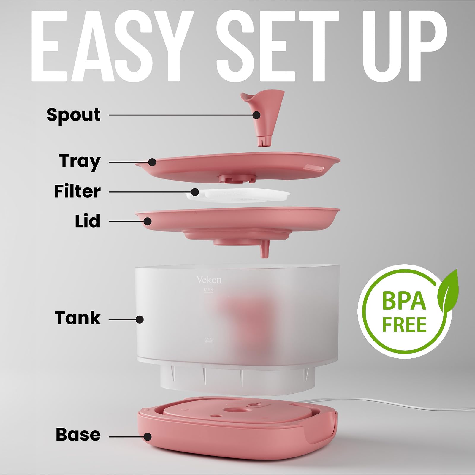 Veken Pet Fountain With Detachable Water Tank | 84oz/2.5L | Pink - aborderproducts