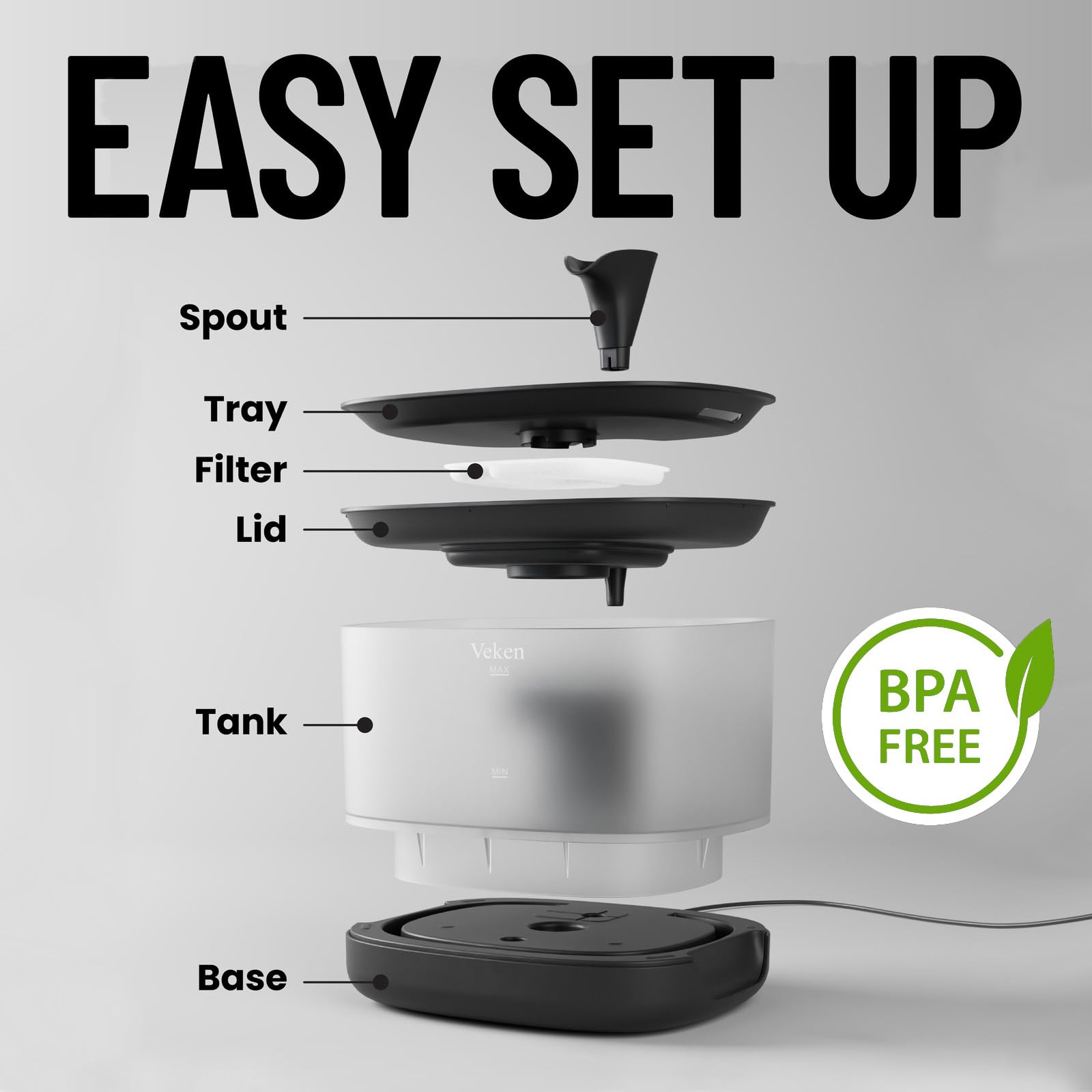 Veken Pet Fountain With Detachable Water Tank | 84oz/2.5L | Black - aborderproducts